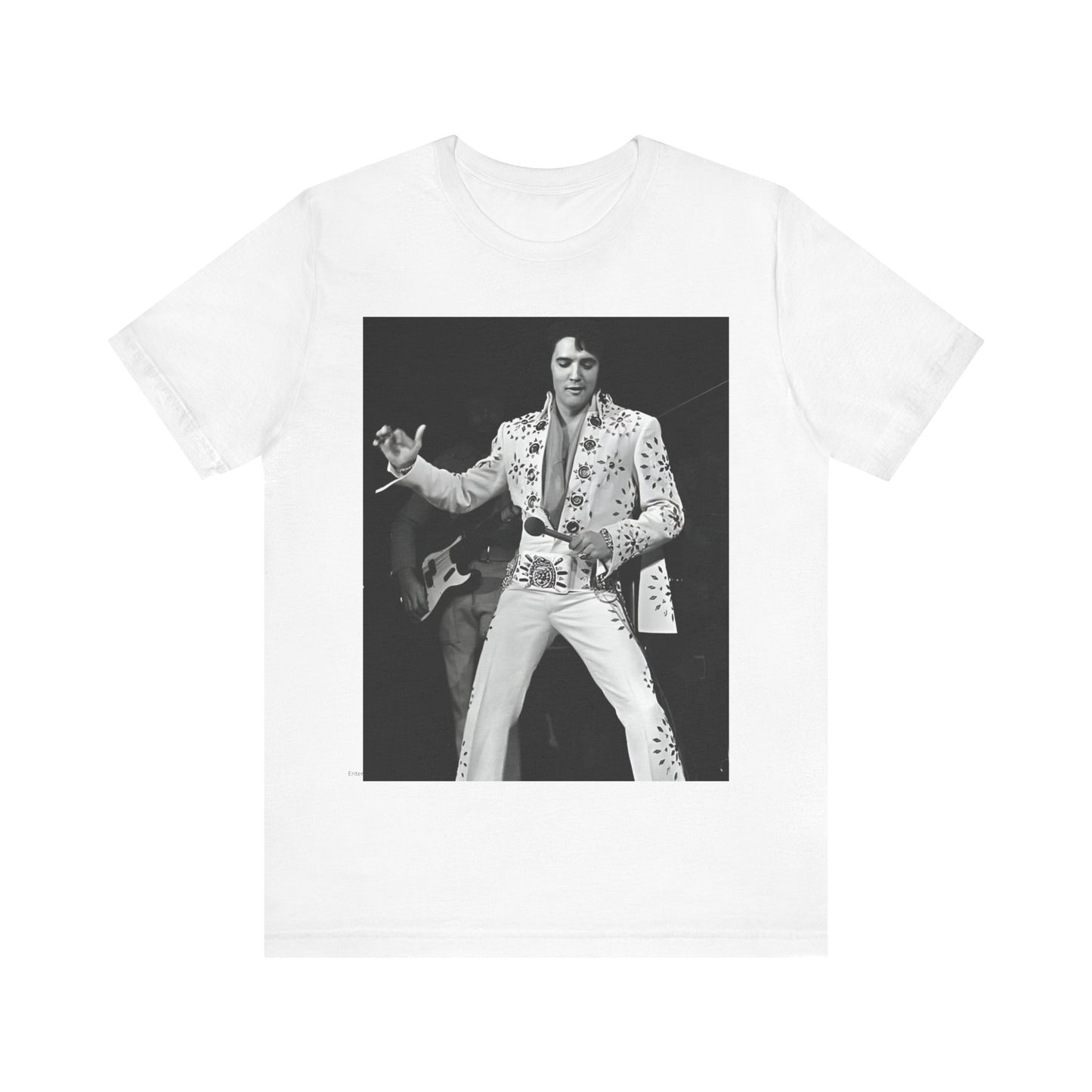 A black graphic t-shirt featuring a stylized graphic of Elvis Presley as The King of Rock 'n' Roll.