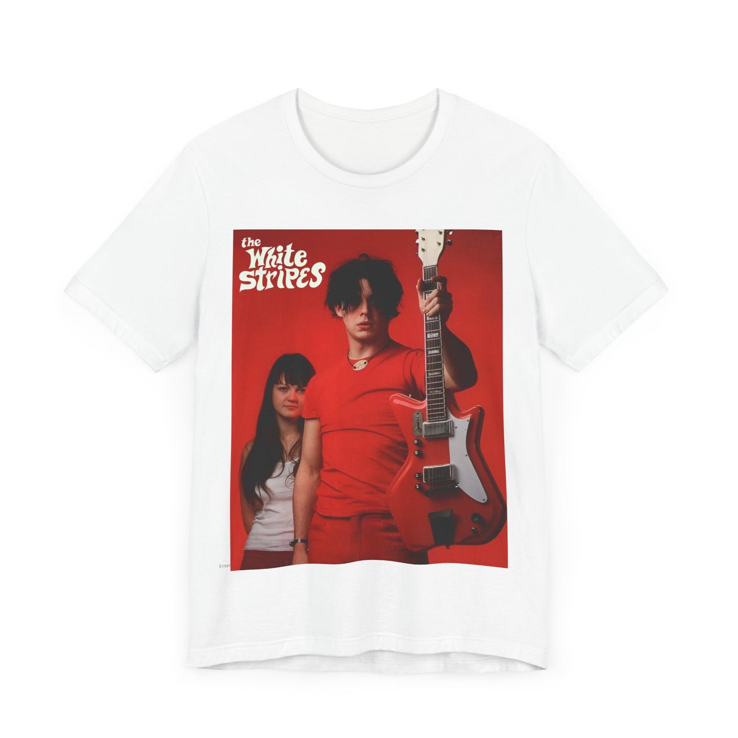 A black graphic t-shirt featuring a vintage garage rock graphic of The White Stripes.