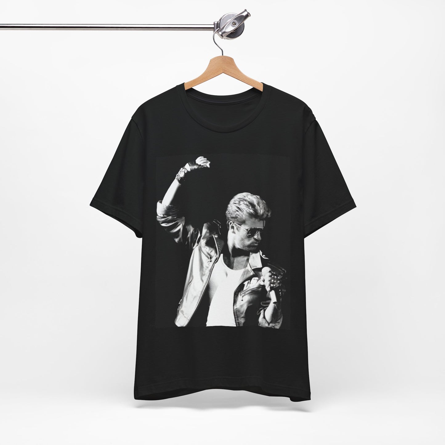 A black graphic t-shirt featuring a black and white photo of George Michael from his 'Faith' album era.