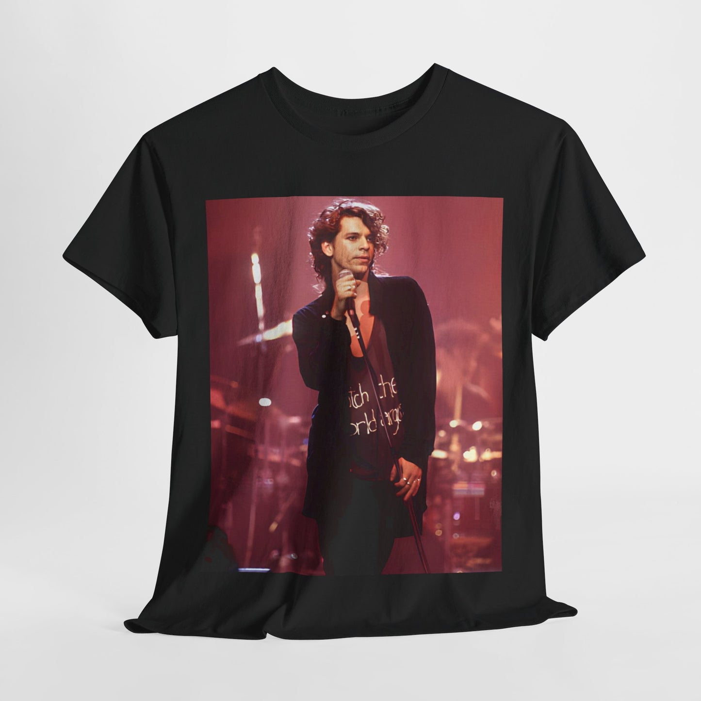 A black graphic t-shirt featuring a graphic related to INXS's 'Never Tear Us Apart' song or era from the 90s.