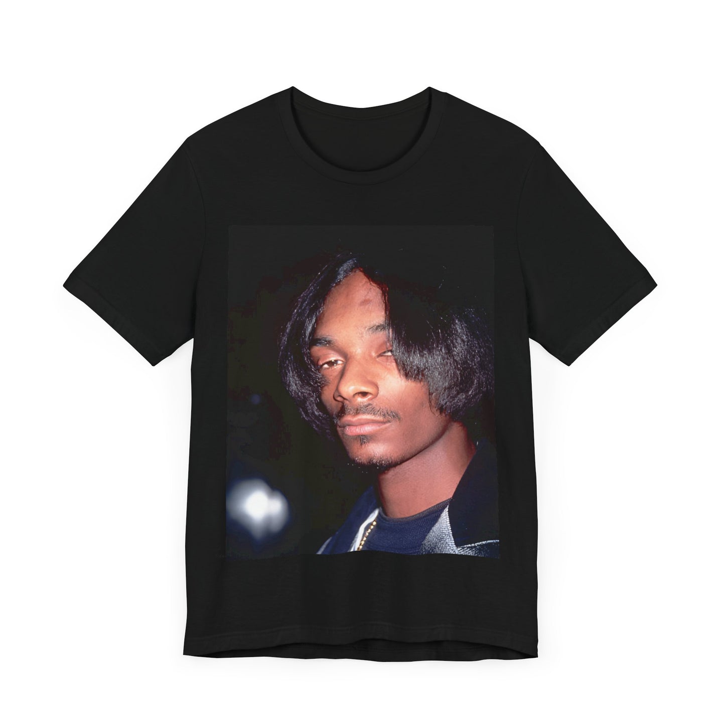 A black graphic t-shirt featuring a 90s black and white graphic of Snoop Dogg as a global icon in rap.