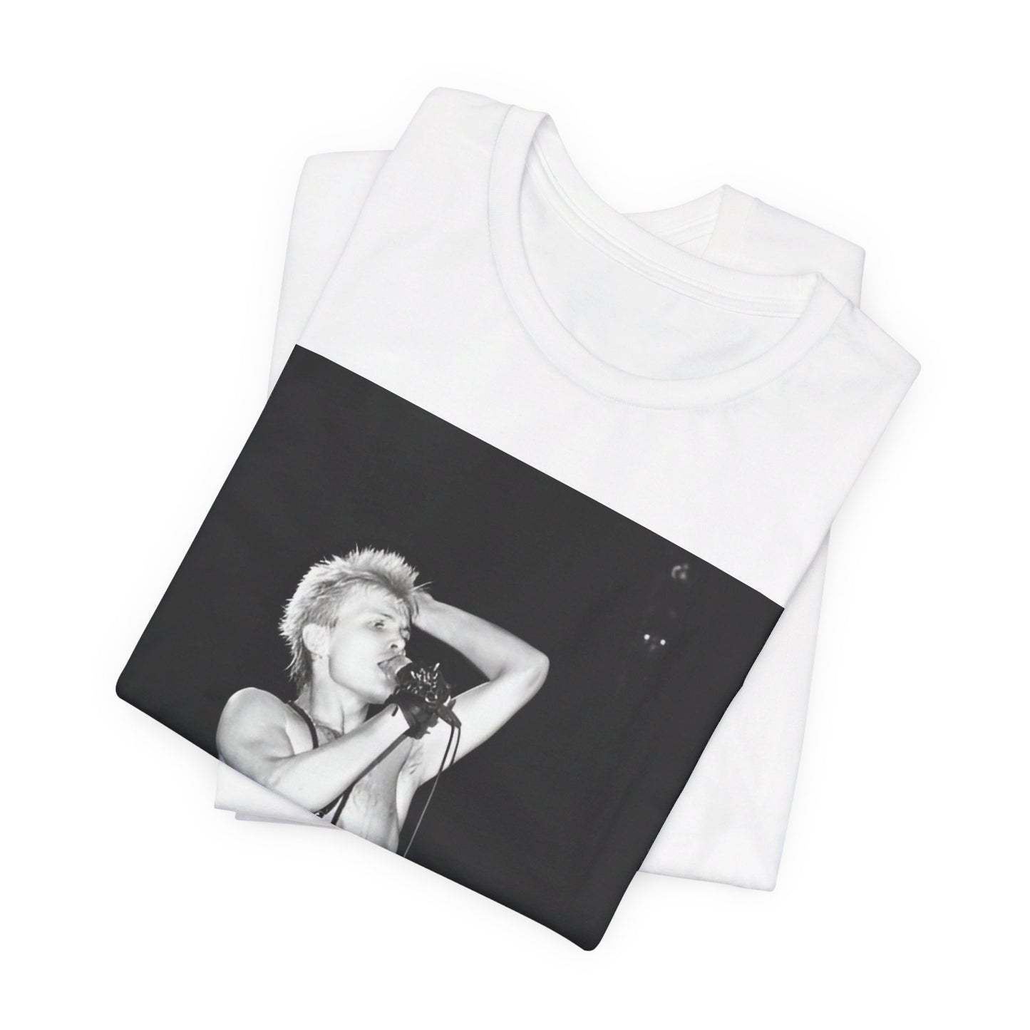 A black graphic t-shirt featuring a graphic related to Billy Idol's 'White Wedding' era, with a distinctive aesthetic.