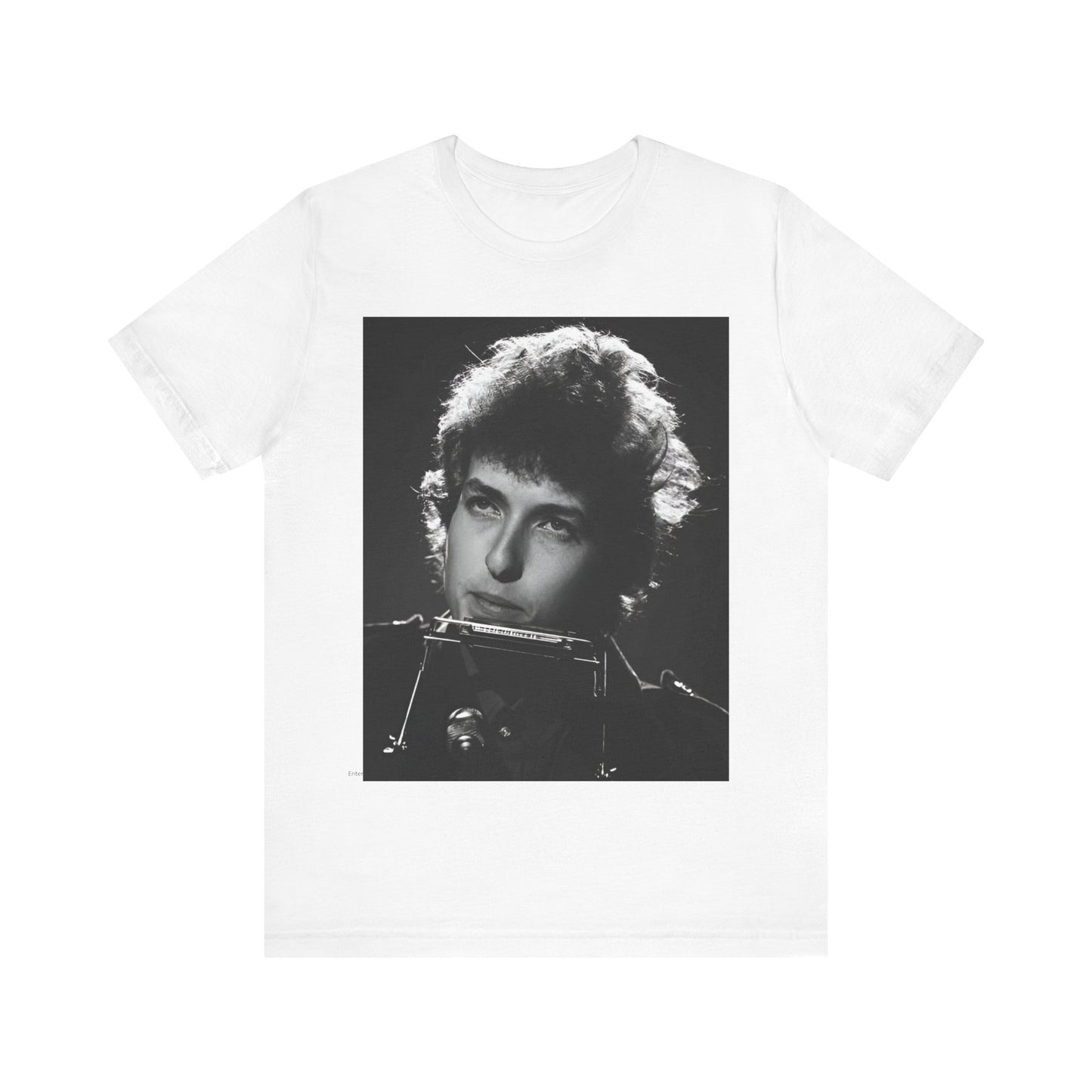 A black graphic t-shirt featuring a graphic of Bob Dylan from the 60s playing his harmonica.