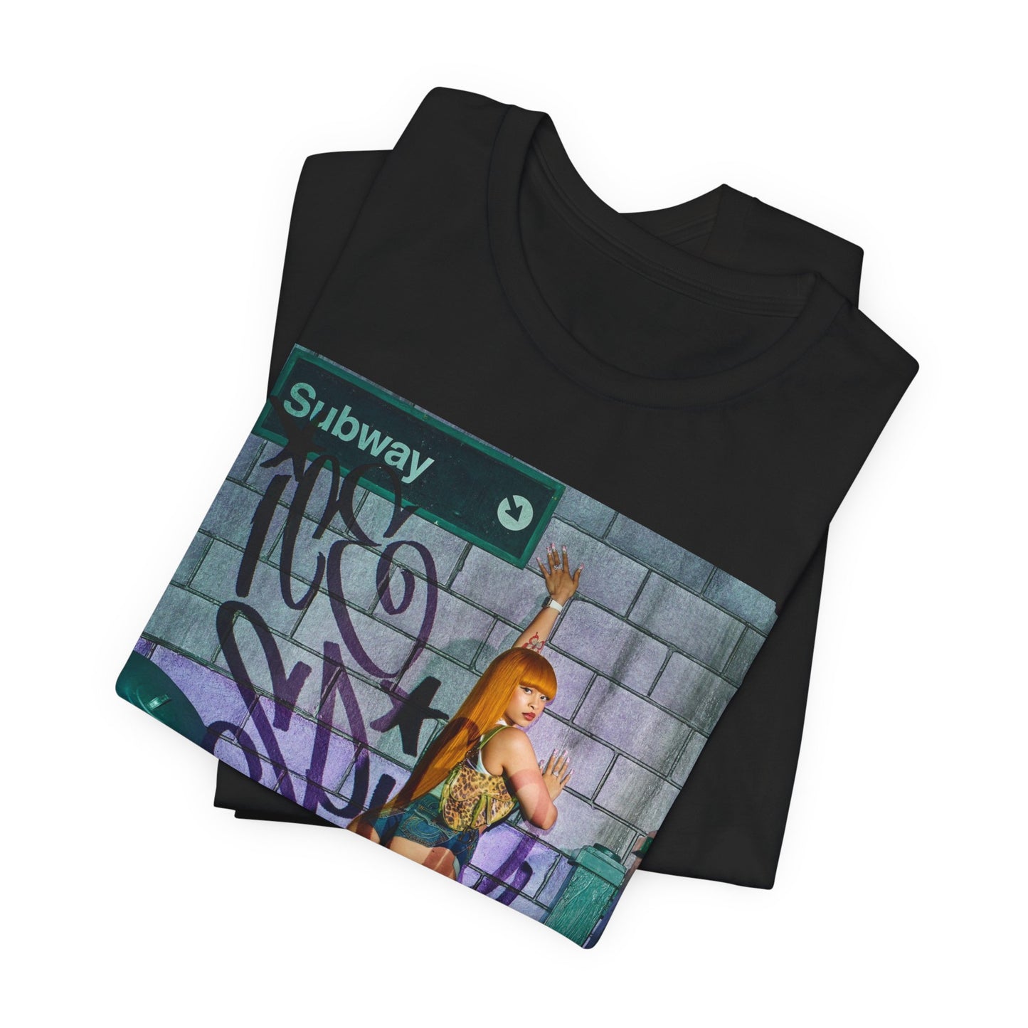 A black graphic t-shirt featuring a signature photo portrait of Ice Spice.