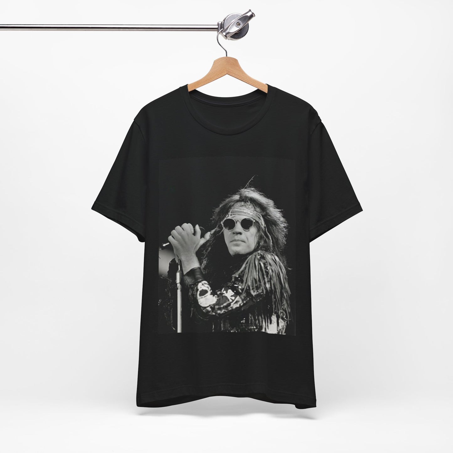 A black graphic t-shirt featuring a vintage graphic related to Bon Jovi's '94 era or "Glory Days".