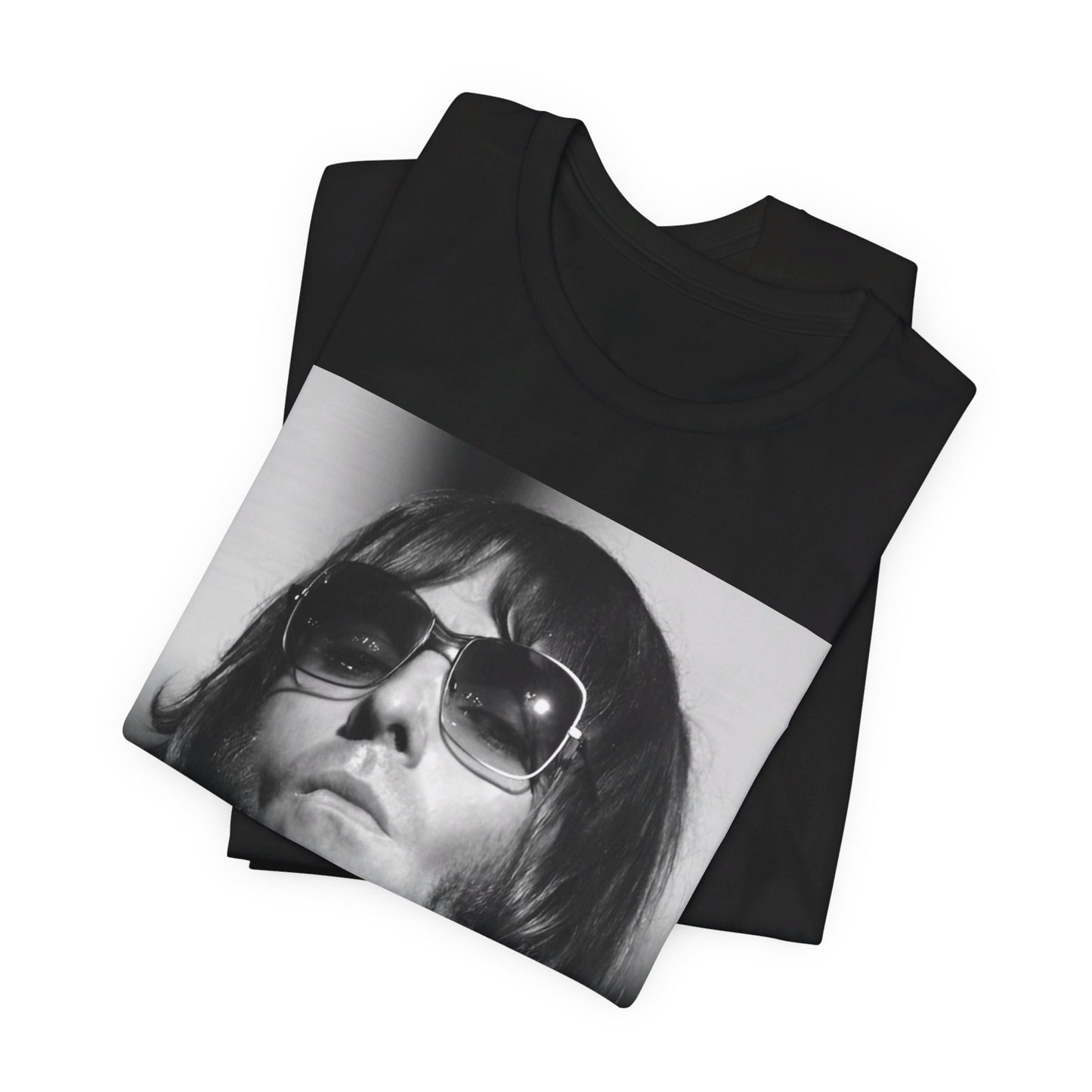 A black graphic t-shirt featuring a graphic of Liam Gallagher from Oasis related to the 'Morning Glory' album era.