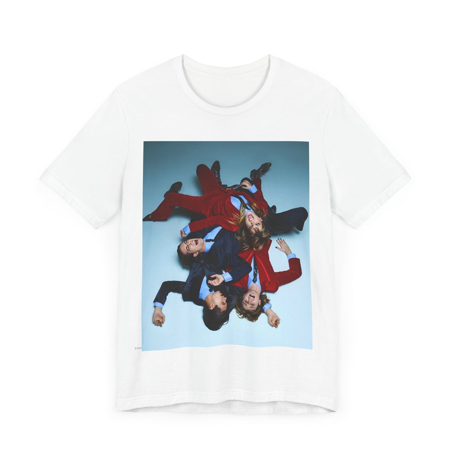 A black graphic t-shirt featuring a graphic of Maneskin in a 70s rock style aesthetic.