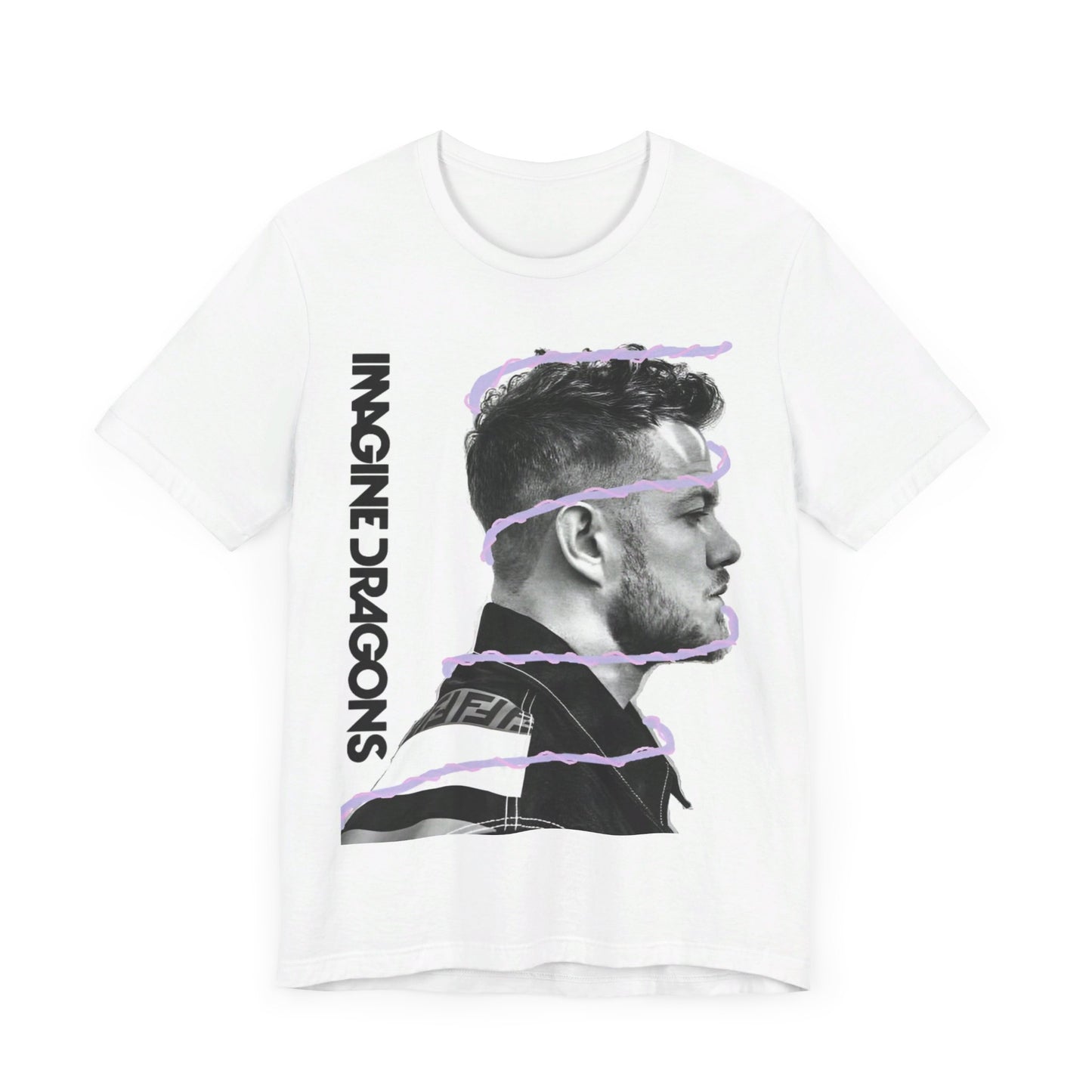A black graphic t-shirt featuring a graphic of Imagine Dragons designed with a modern alt rock spirit.