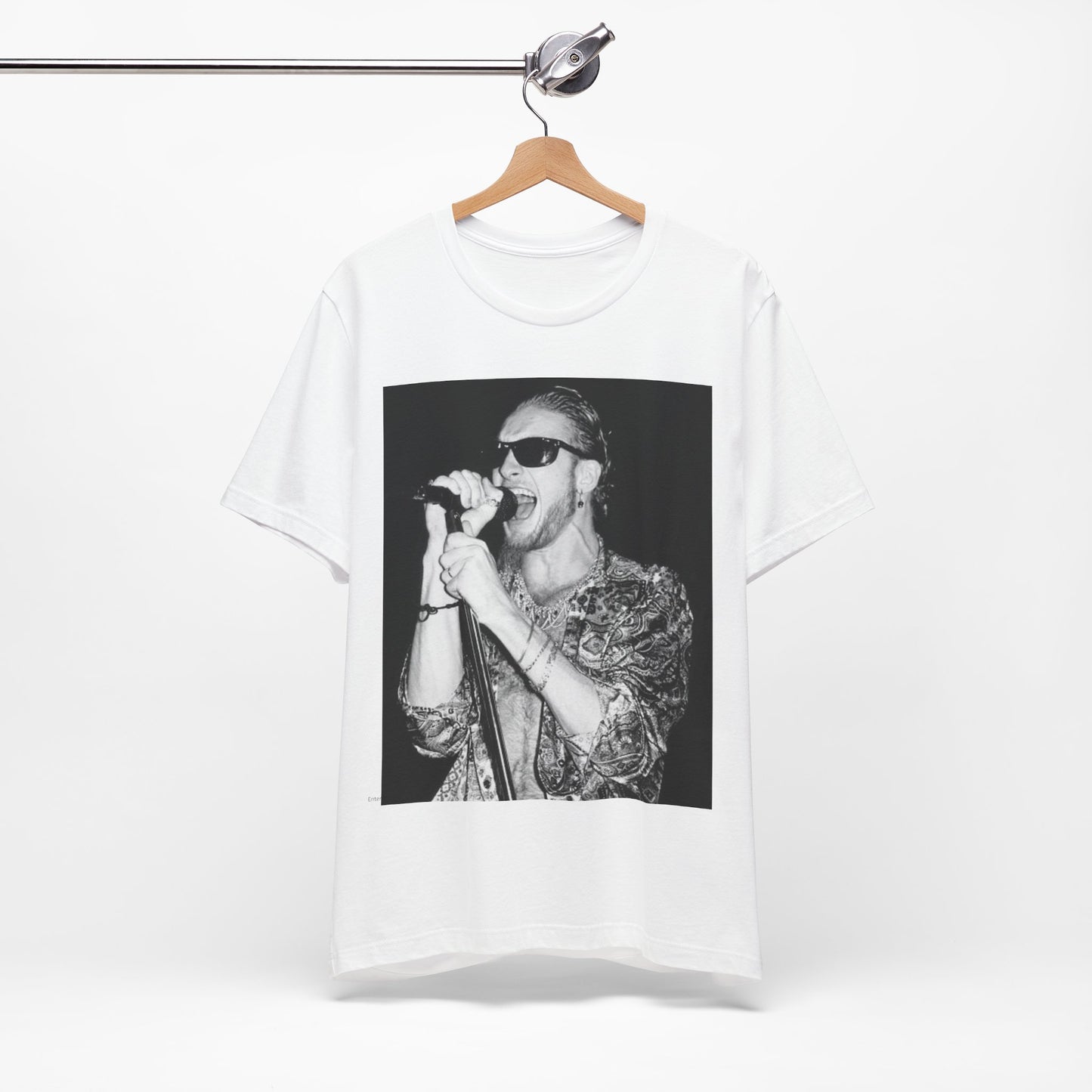 A black graphic t-shirt featuring an iconic black and white portrait photo of Layne Staley from Alice In Chains, showing his distinctive look.