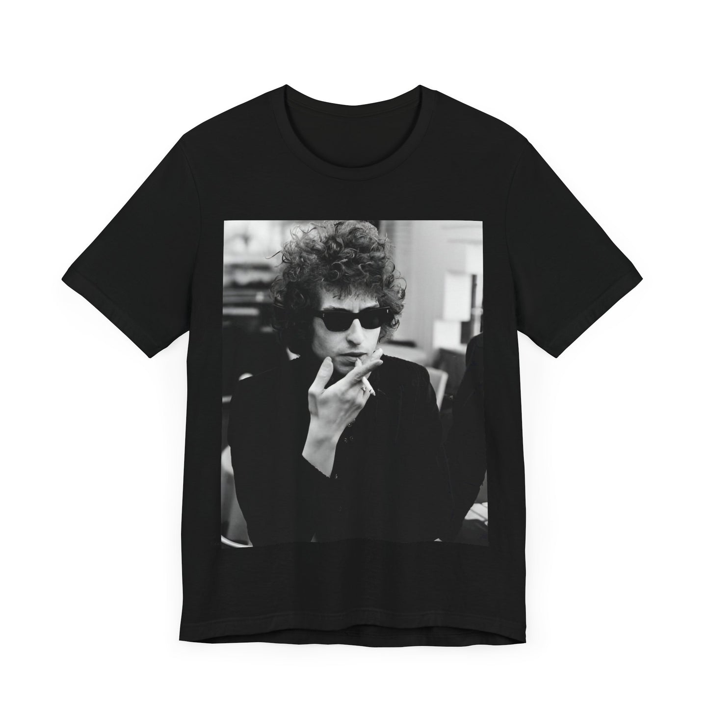 A black graphic t-shirt featuring a retro black and white graphic of Bob Dylan in a rebellious pose.