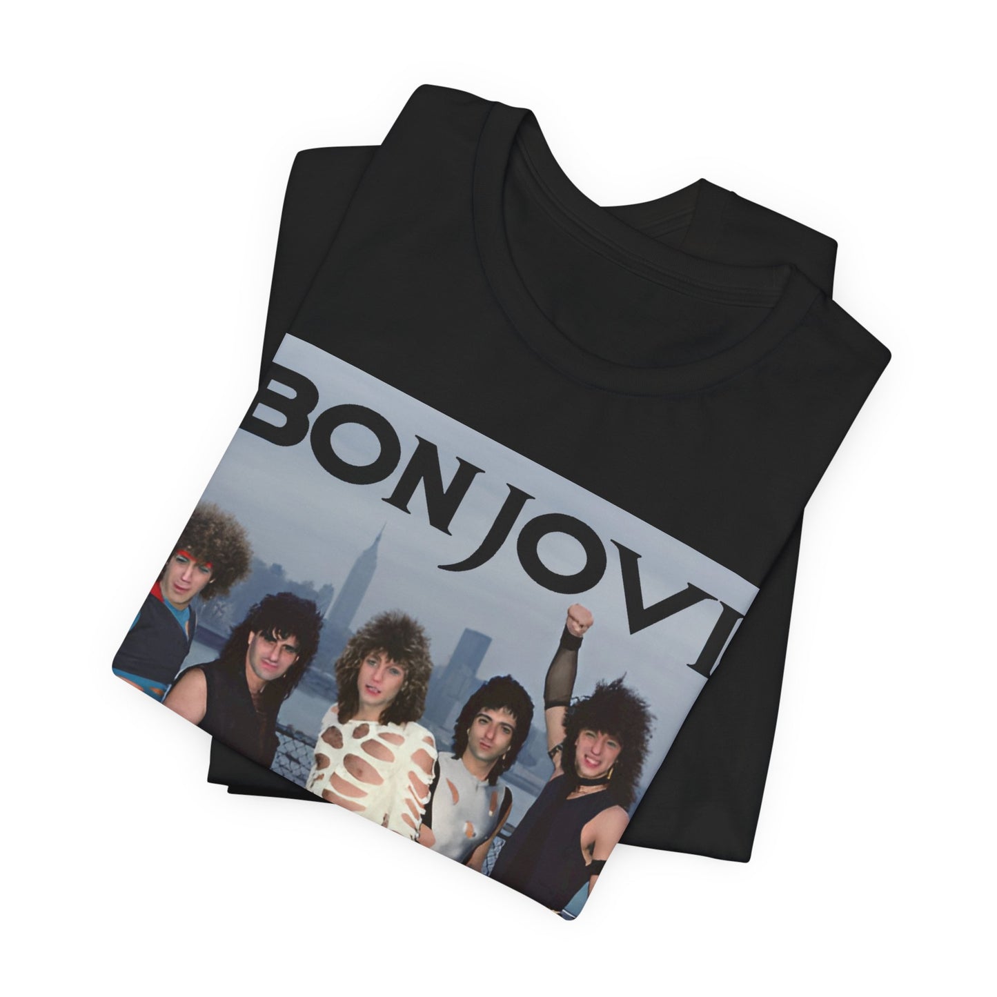 A black graphic t-shirt featuring a graphic related to Bon Jovi's 'Livin' on a Prayer' song or era from the 1980s.