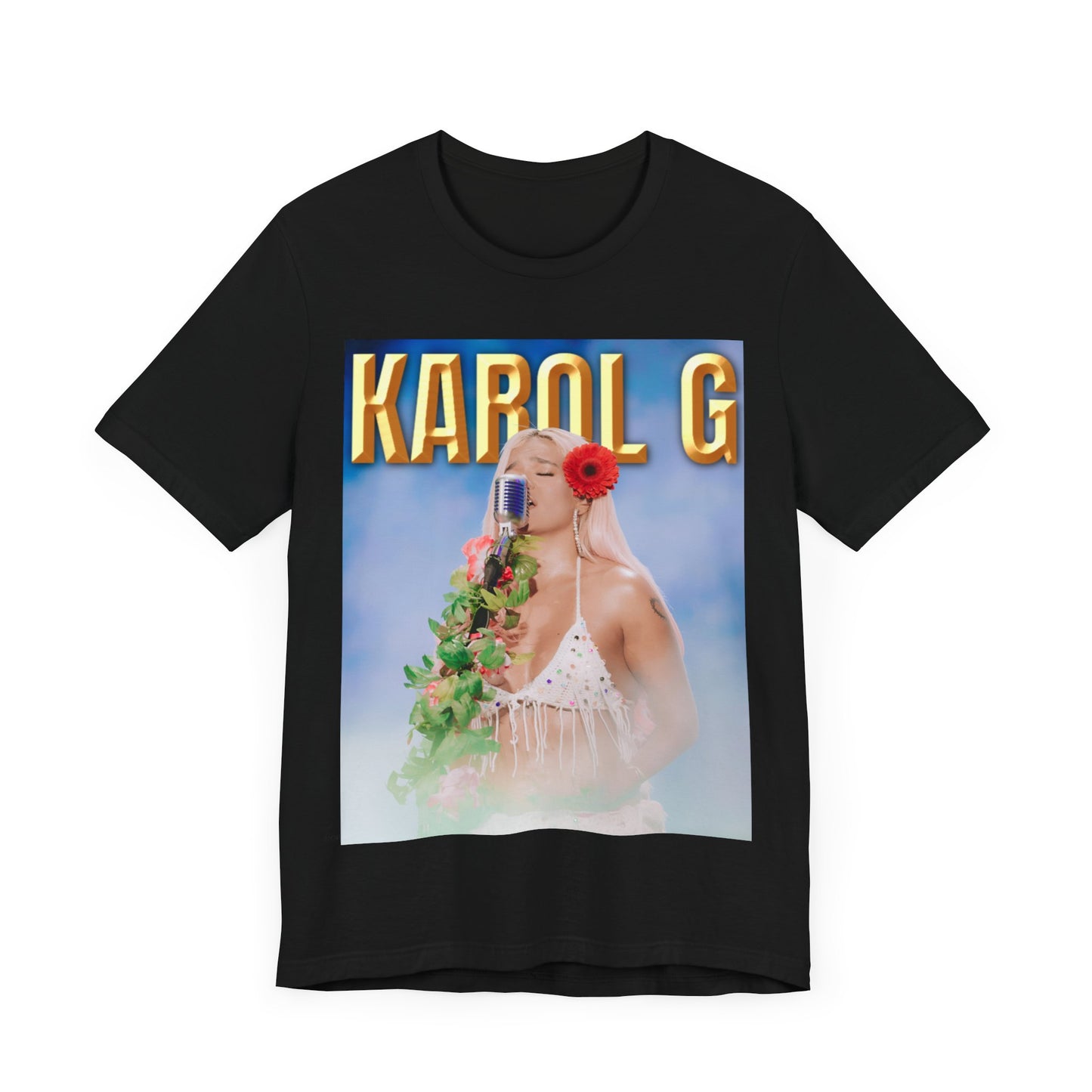 A black graphic t-shirt featuring a graphic of Karol G as a classic Latin pop queen.
