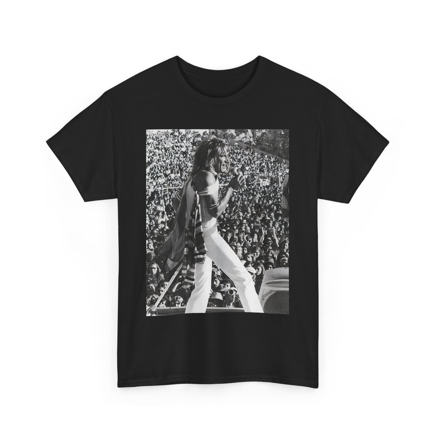 A black graphic t-shirt featuring a 70s on stage concert graphic of Rod Stewart.