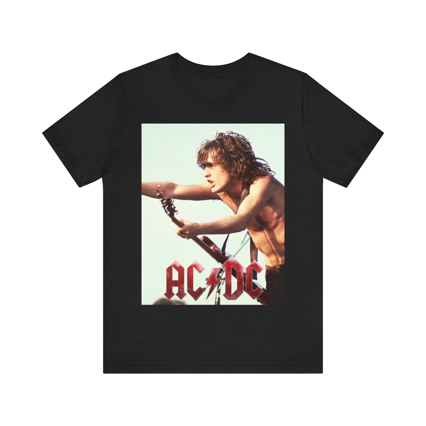 A black graphic t-shirt featuring the classic AC/DC lightning bolt logo prominently displayed, symbolizing the band's origins.