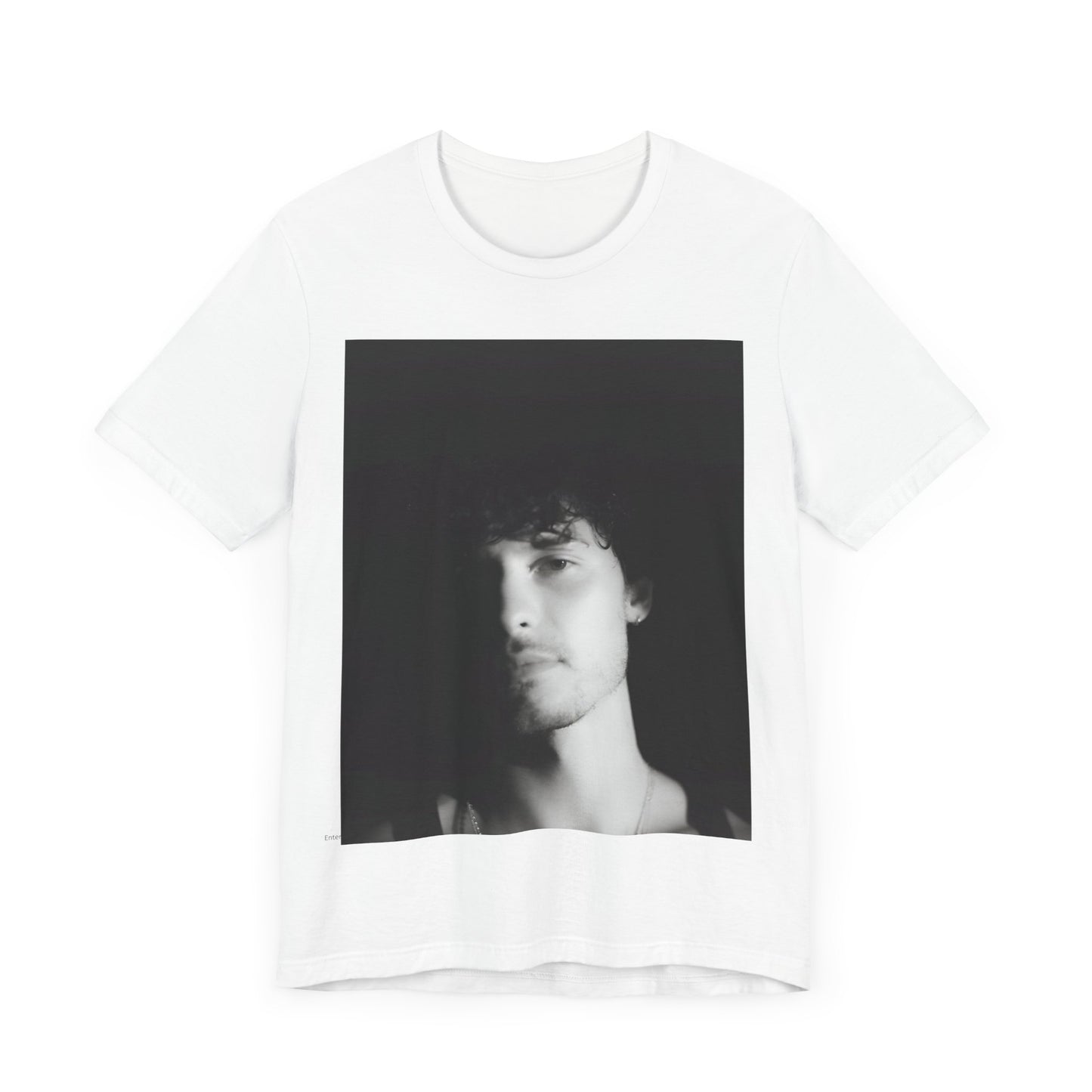 A black graphic t-shirt featuring a black and white portrait photo of Shawn Mendes.