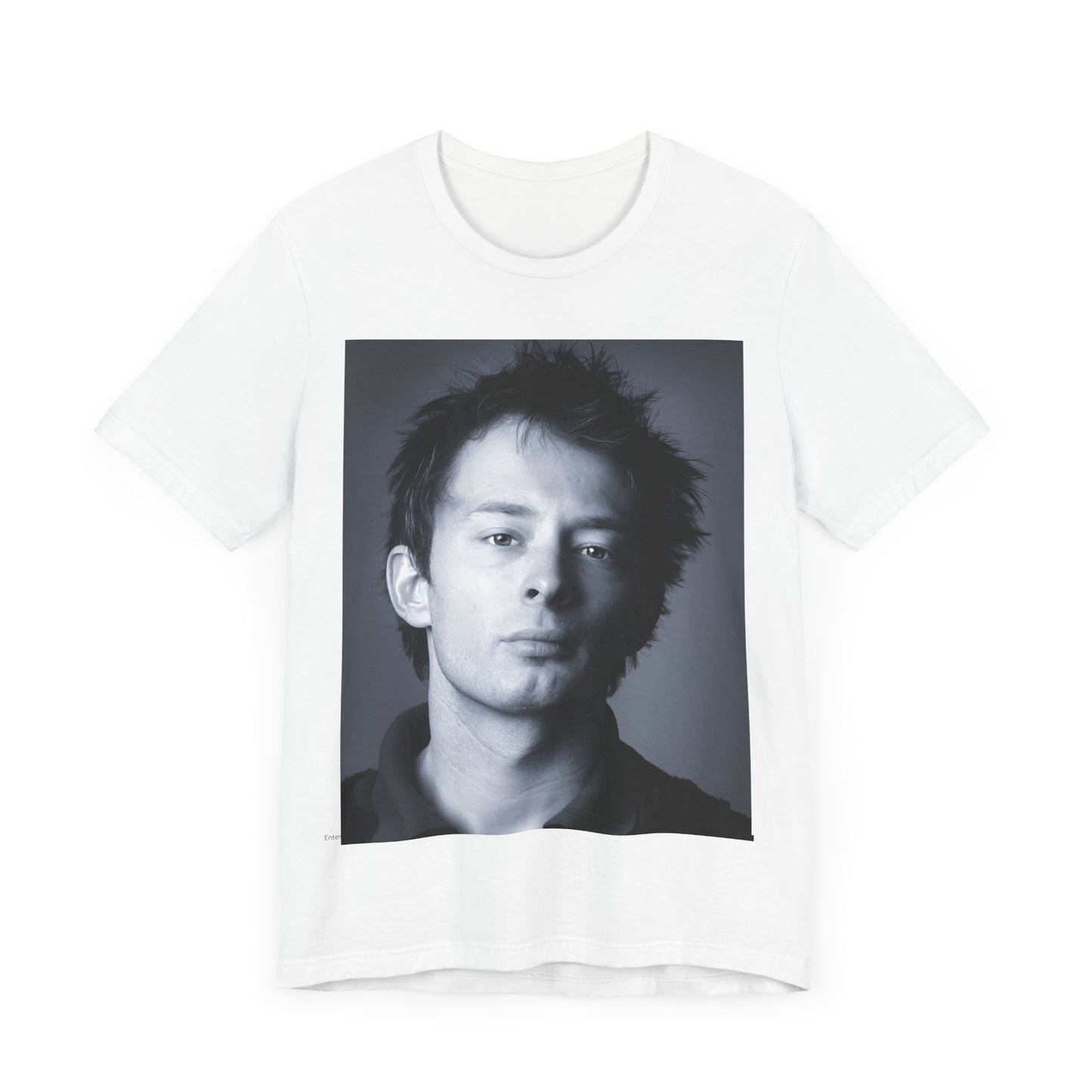 A black graphic t-shirt featuring an enigmatic graphic of Thom Yorke from Radiohead as a frontman.