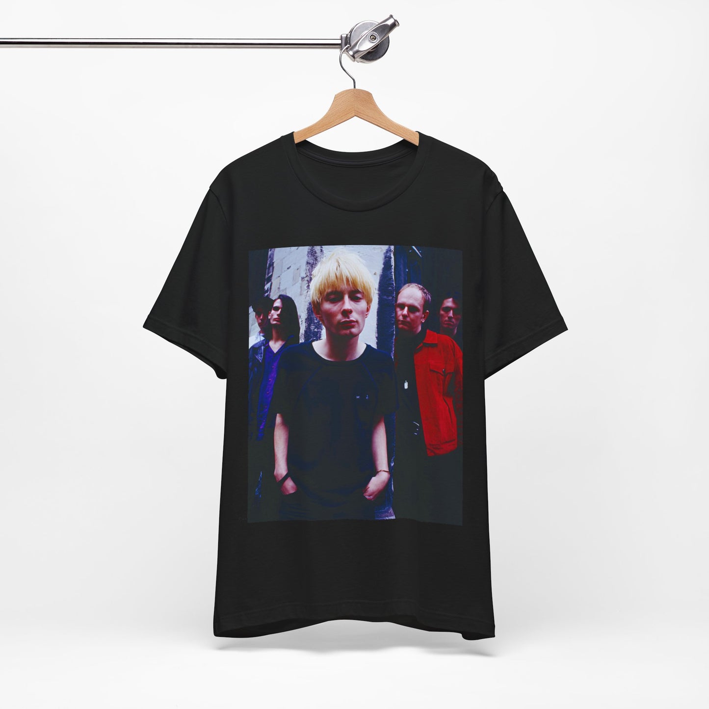 A black graphic t-shirt featuring a graphic of Radiohead as unapologetic art rock icons.