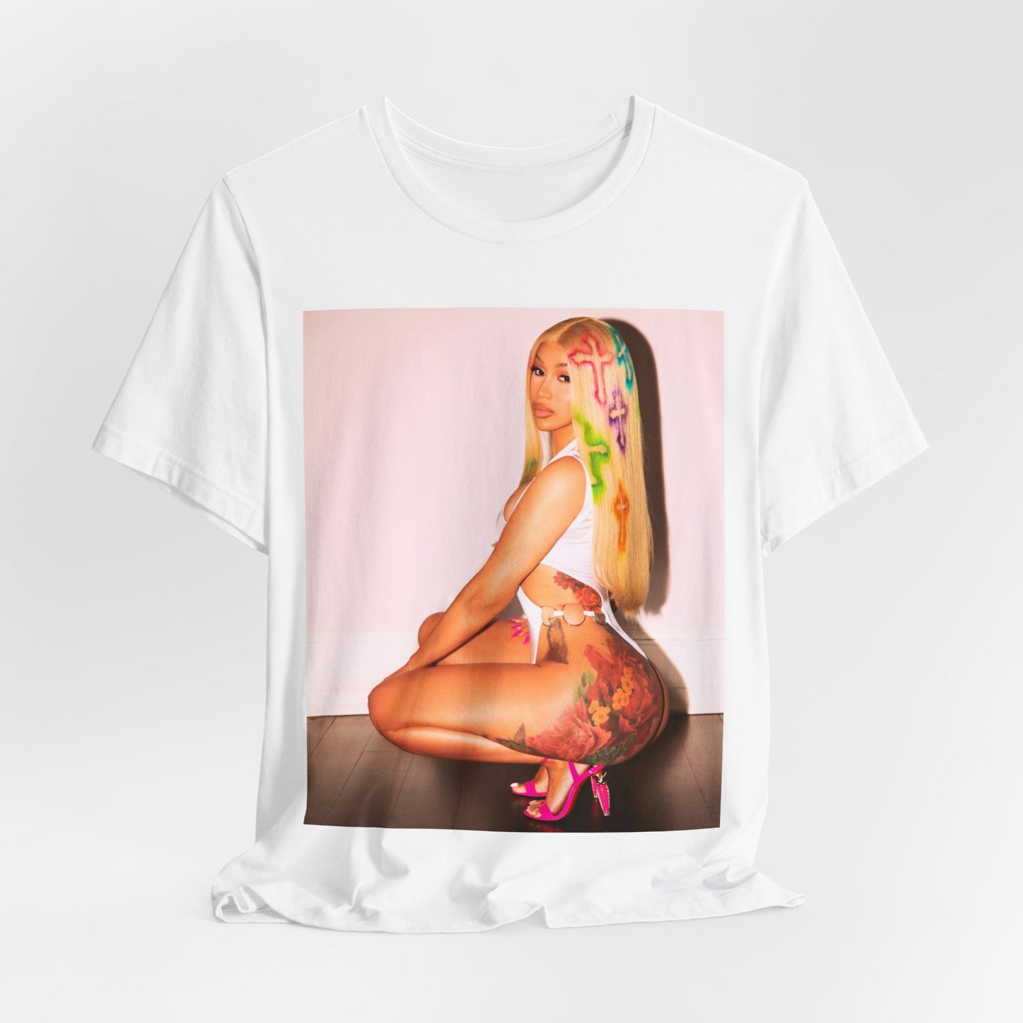 A black graphic t-shirt featuring a graphic of Cardi B in a bold, fashion-forward pose, emphasizing her 'fashion killa' style.