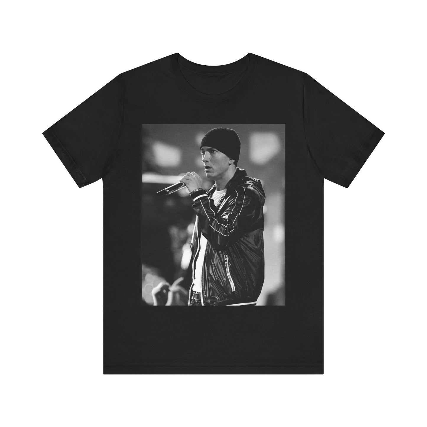 A black graphic t-shirt featuring a classic 90s graphic of Eminem as a 'Rap God'.