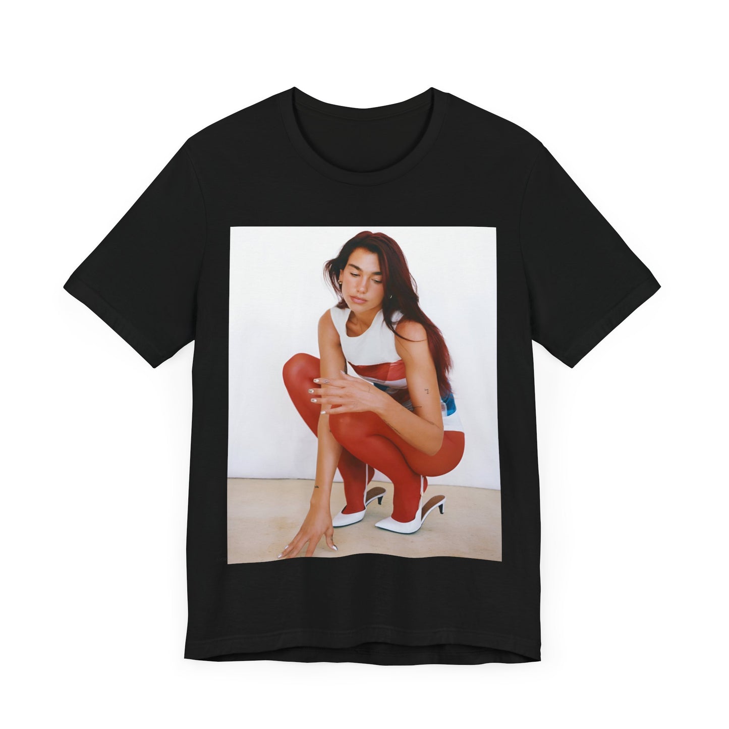 A black graphic t-shirt featuring a graphic of Dua Lipa with a chill pop vibe, designed for comfort.