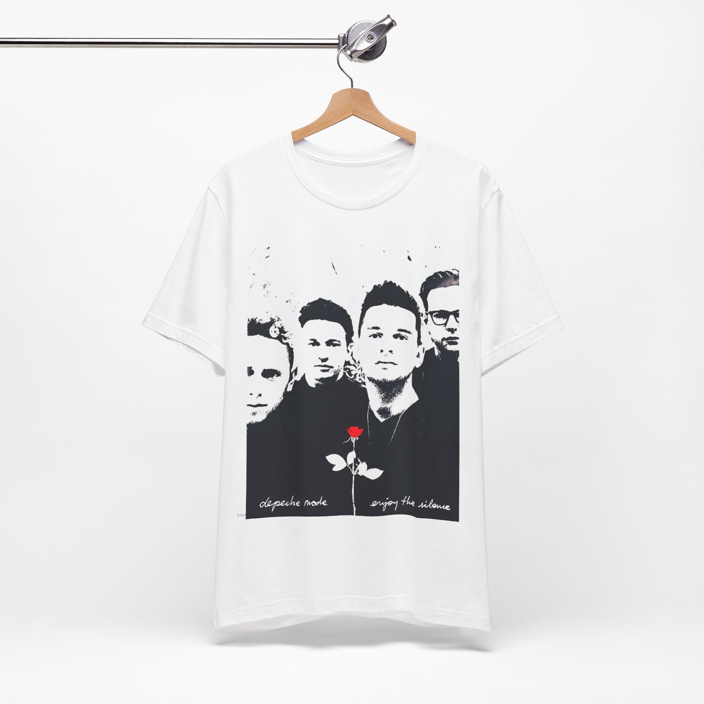 A black graphic t-shirt featuring a graphic related to Depeche Mode's 'Enjoy The Silence' era.