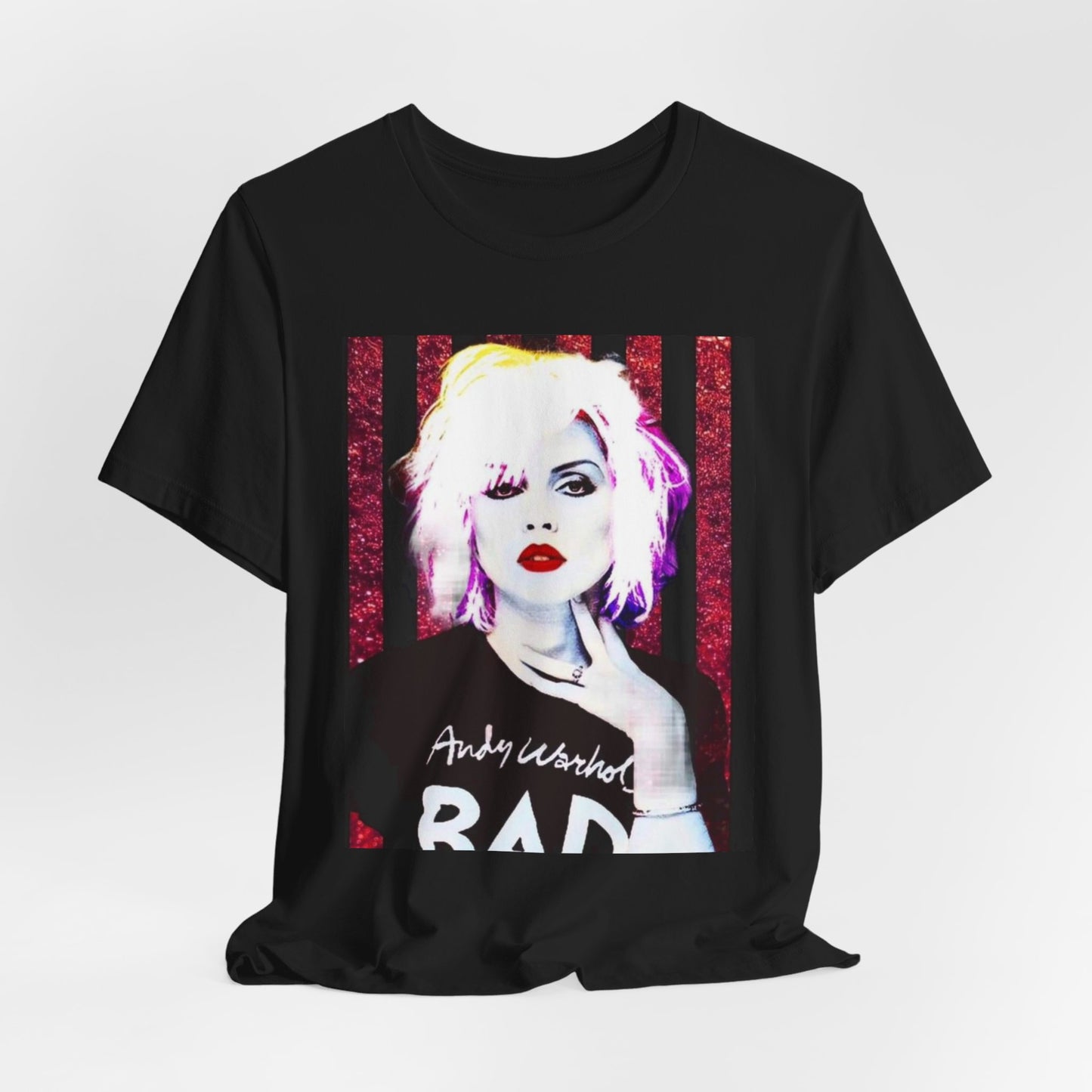 A black graphic t-shirt featuring a graphic of Blondie with an edgy street style aesthetic.