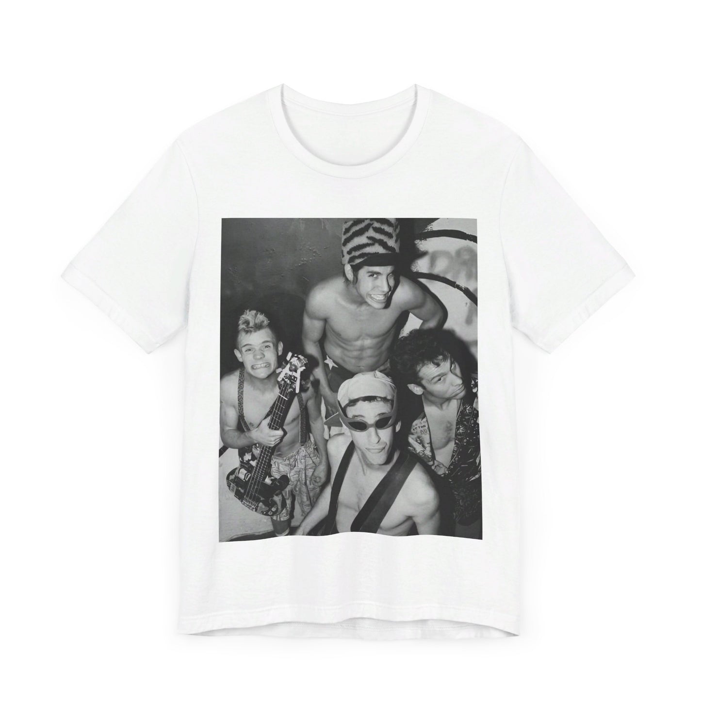 A black graphic t-shirt featuring an 80s vintage funk rock graphic of Red Hot Chili Peppers.