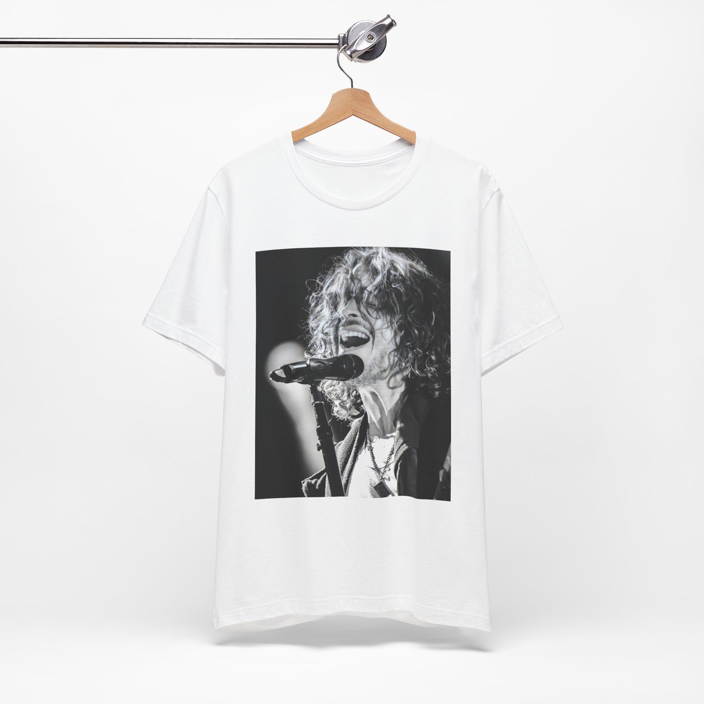 A black graphic t-shirt featuring a graphic related to Chris Cornell's song "Cochise" or Audioslave.