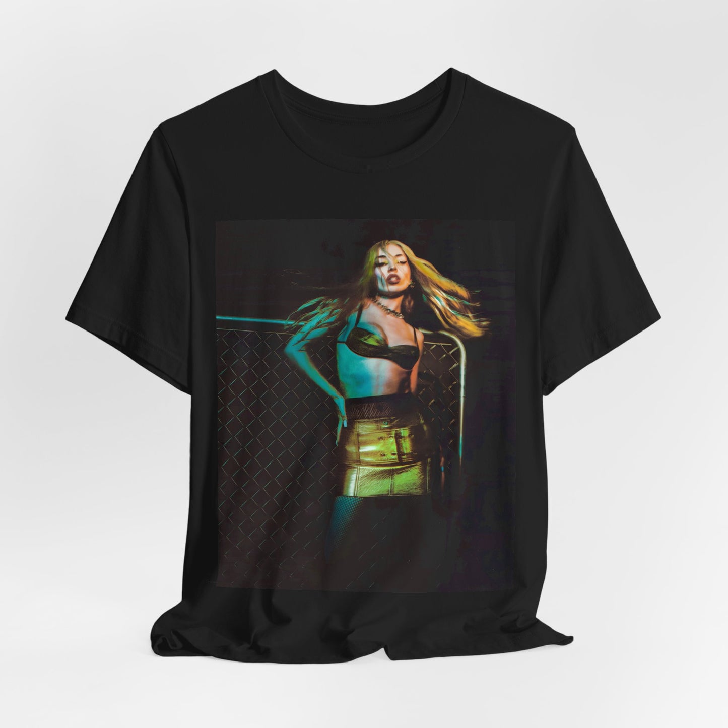 A black graphic t-shirt featuring a neon pop art style graphic of Ava Max, with bright, glowing colors and possibly a 'Pop Queen' title.
