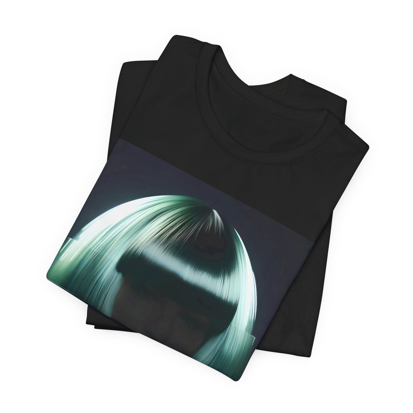 A black graphic t-shirt featuring a bold graphic of Sia as a pop superstar.