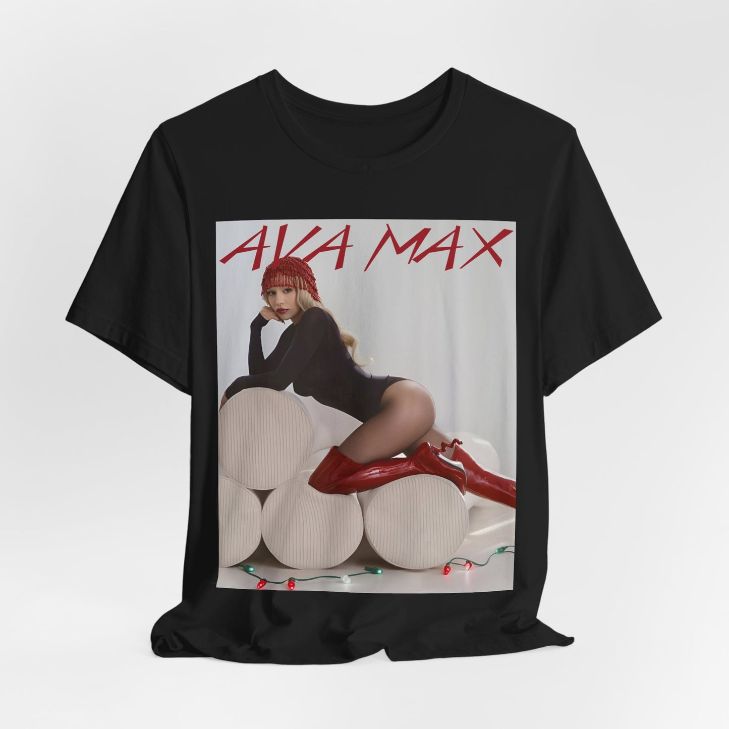 A black graphic t-shirt featuring an artistic or aesthetic graphic of Ava Max.