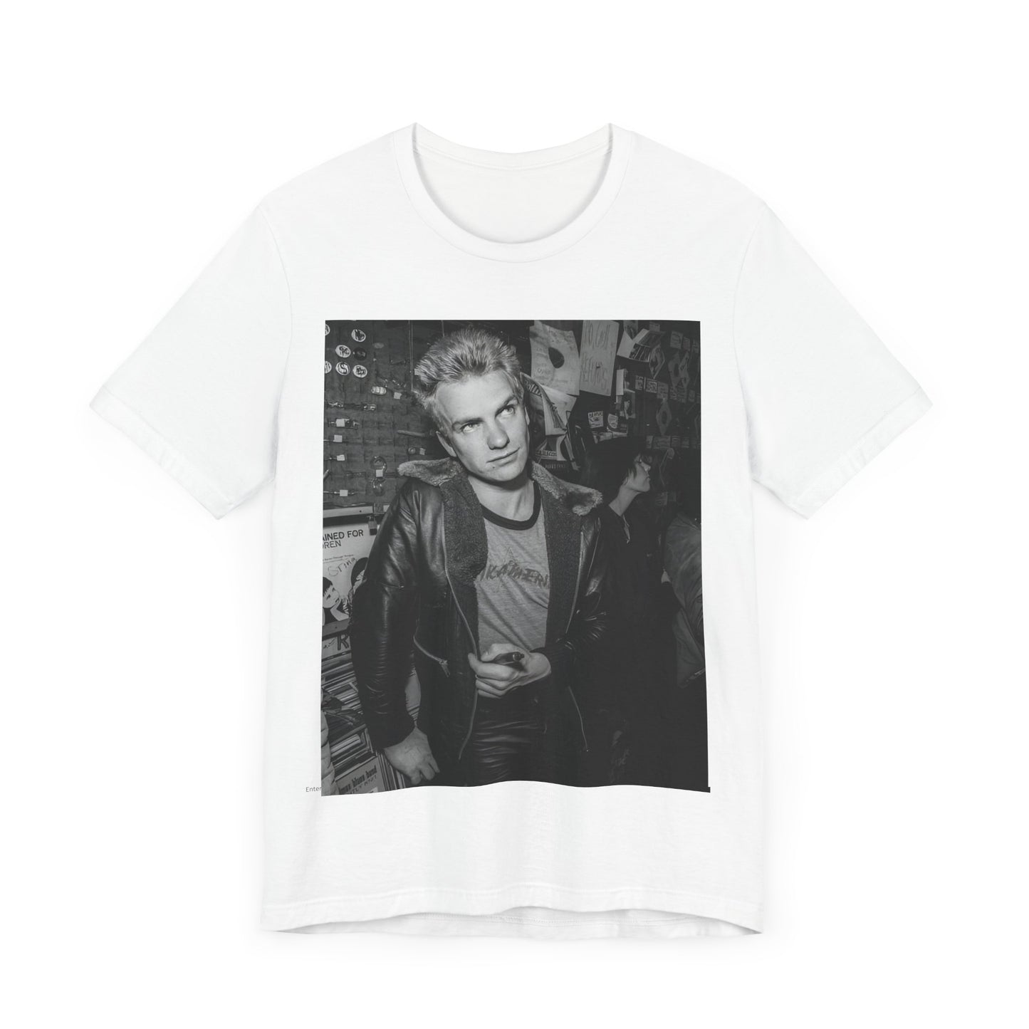 A black graphic t-shirt featuring a vintage black and white monochrome graphic or photo of Sting.