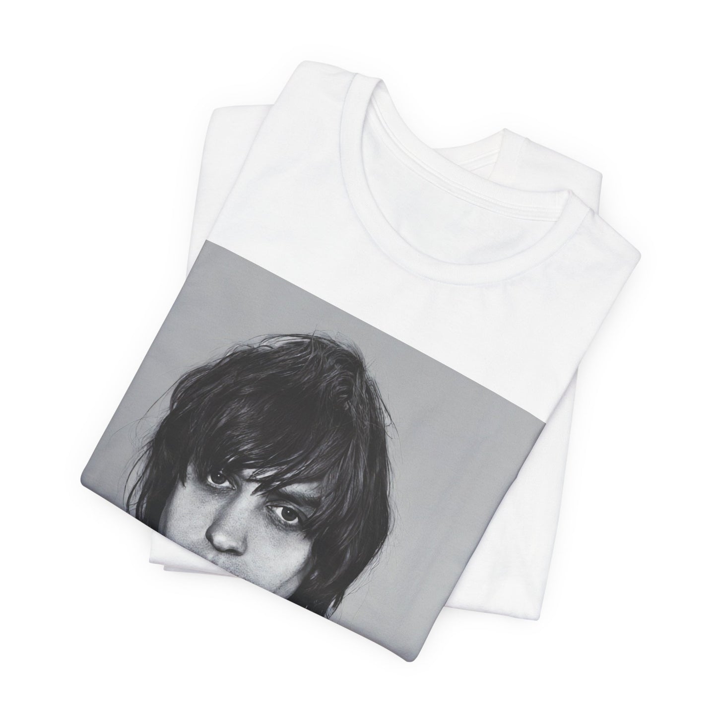 A black graphic t-shirt featuring a portrait photo of Julian Casablancas from The Strokes.
