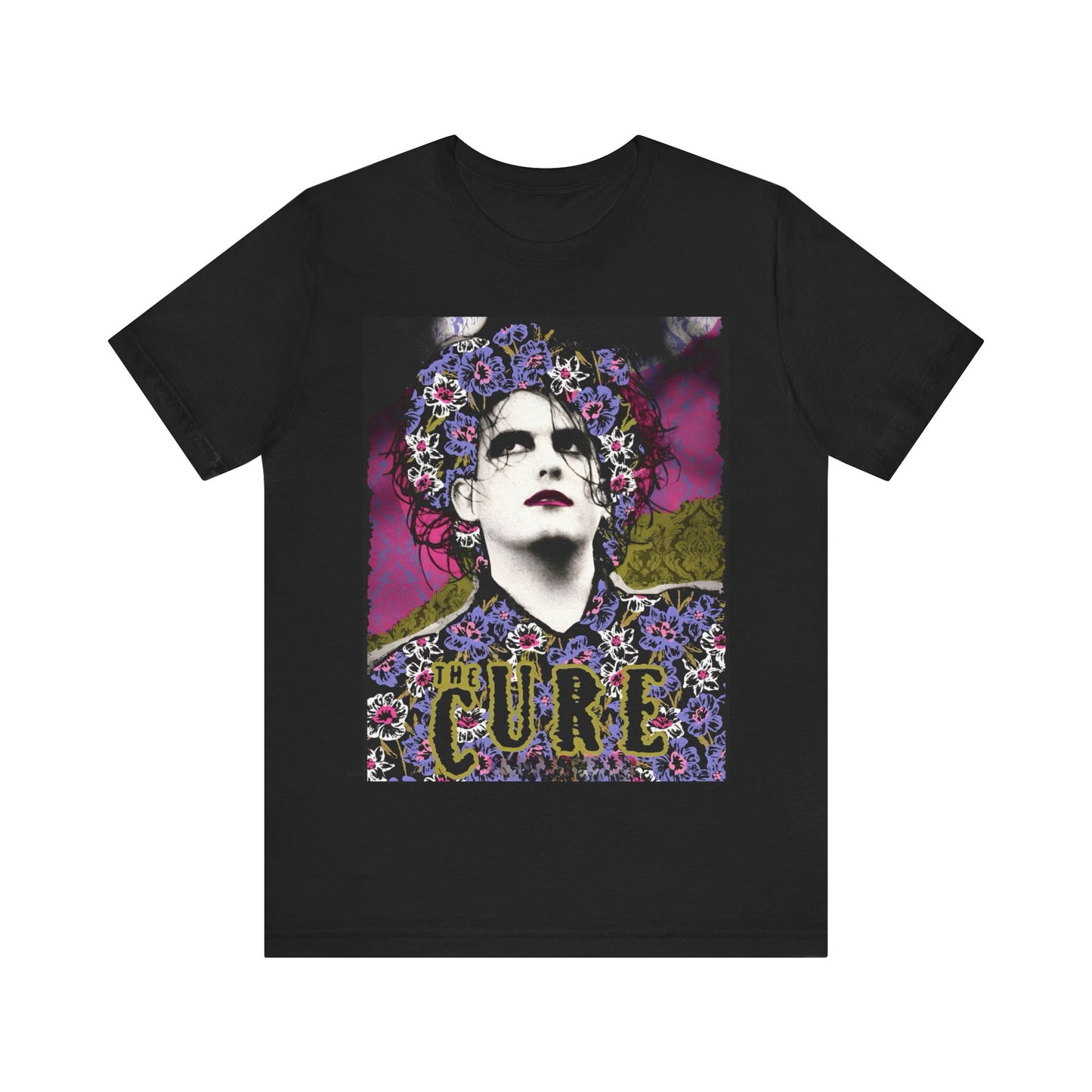 A black graphic t-shirt featuring a retro rock aesthetic pop art graphic of The Cure.