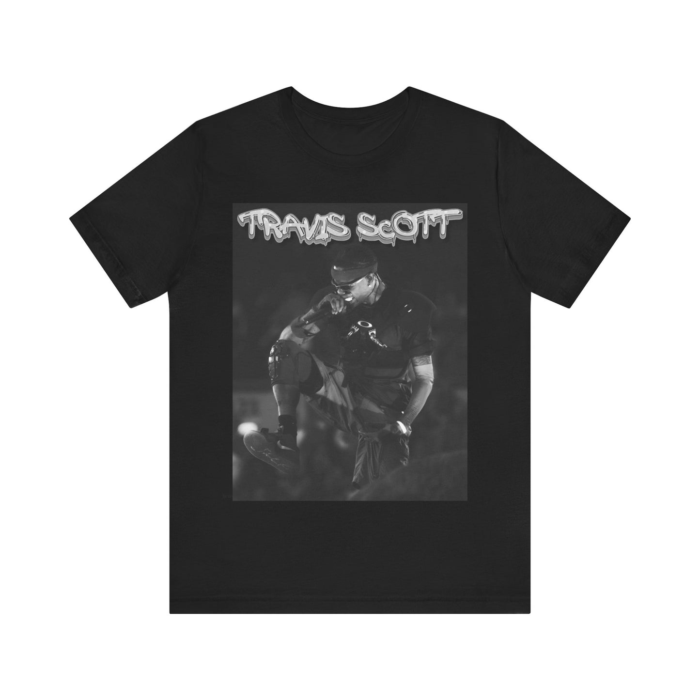 A black graphic t-shirt featuring a casual rap fan graphic of Travis Scott.