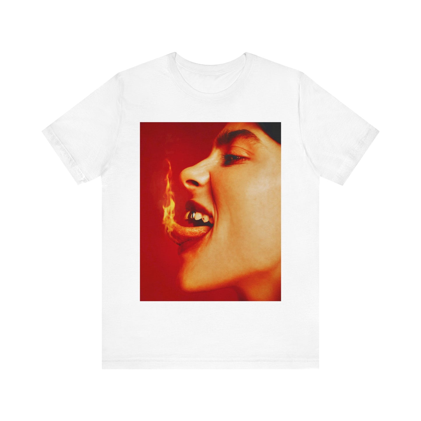 A close-up, red-toned photo of a face in profile with its mouth open and a live flame on the tongue, printed on a graphic t-shirt.