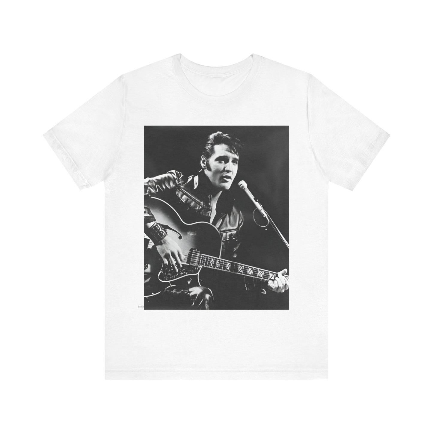 A black graphic t-shirt featuring a graphic related to Elvis Presley's 'Burning Love' song or era.