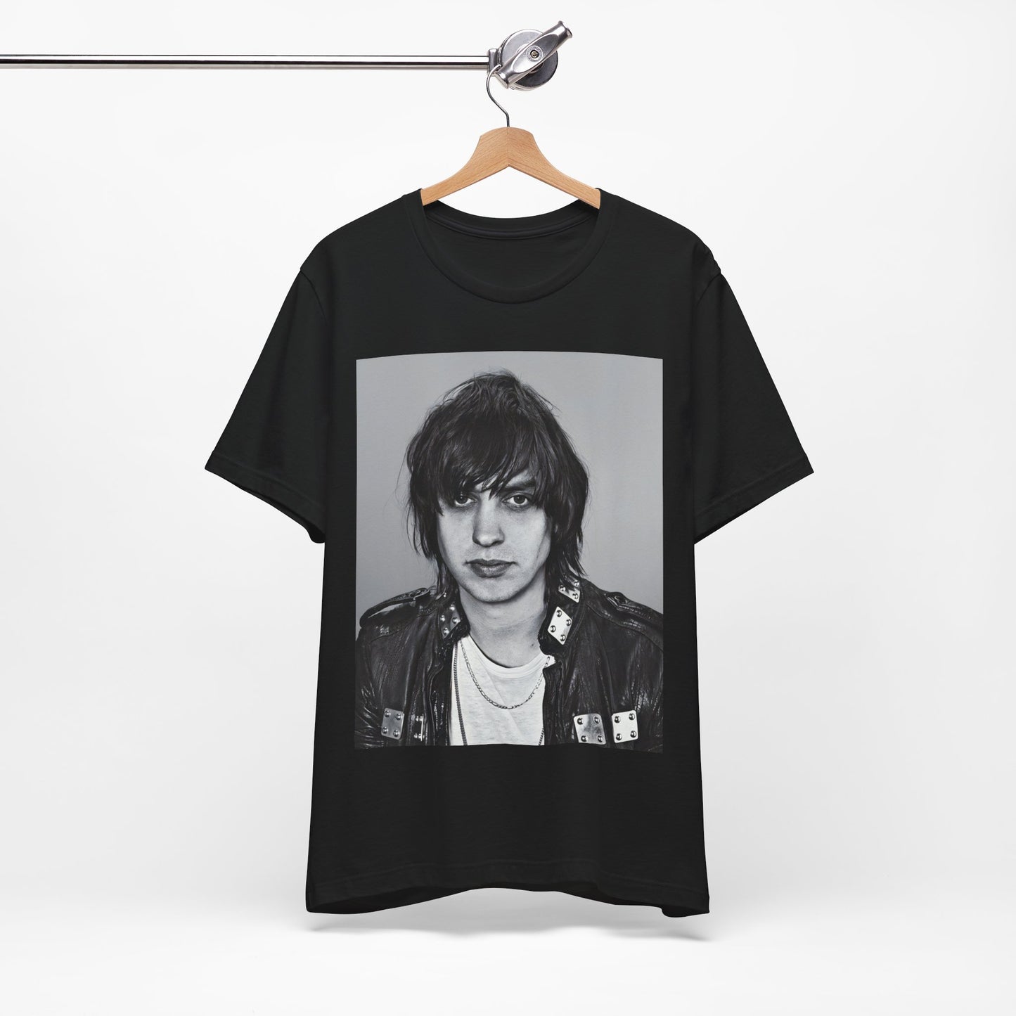 A black graphic t-shirt featuring a portrait photo of Julian Casablancas from The Strokes.