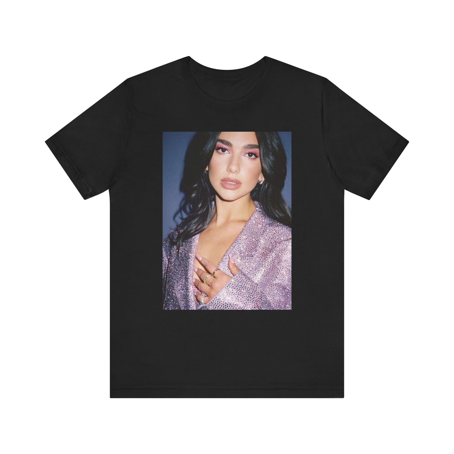 A black graphic t-shirt featuring a retro photo of Dua Lipa as a dance floor queen.