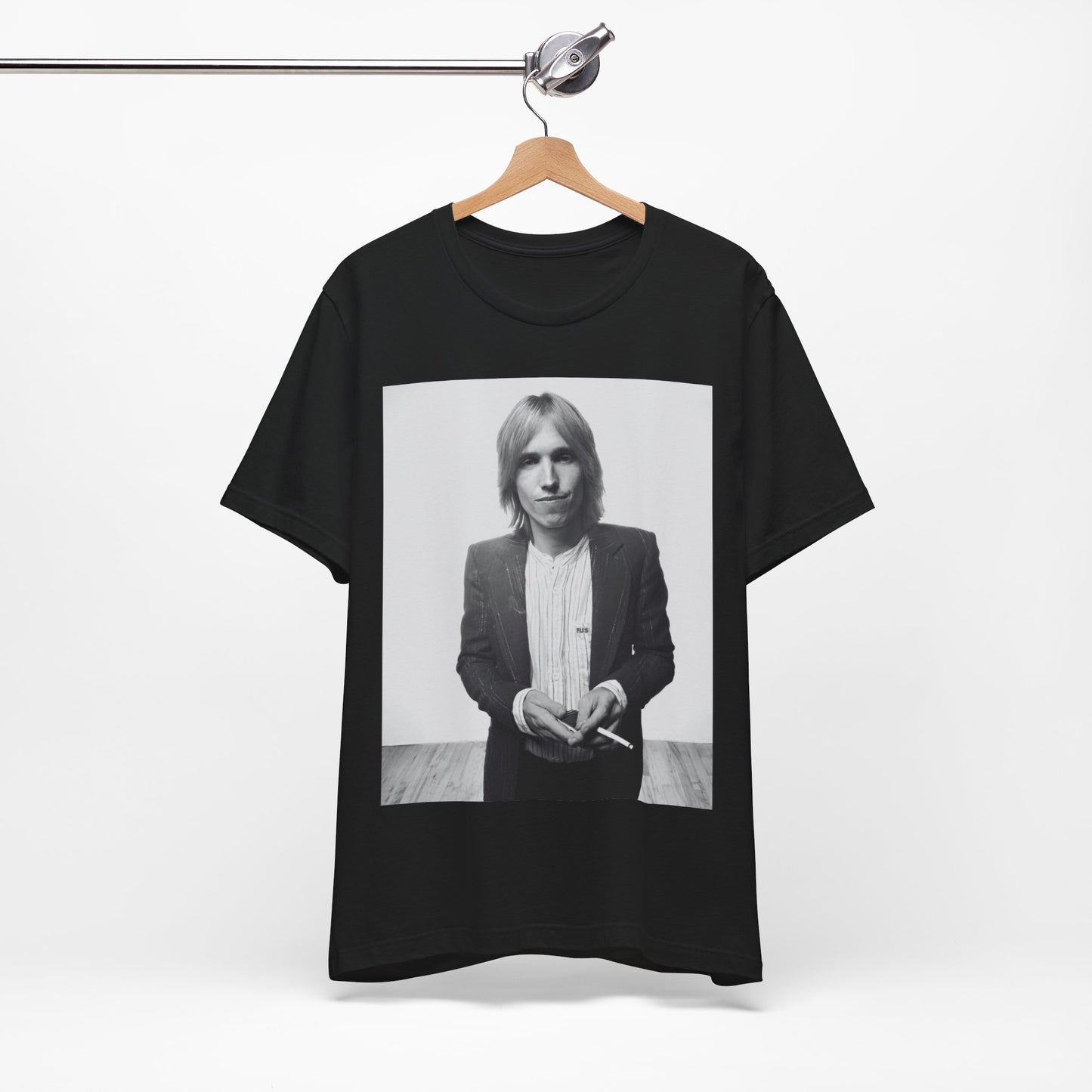 A black graphic t-shirt featuring a graphic of Tom Petty with rock legend vibes.