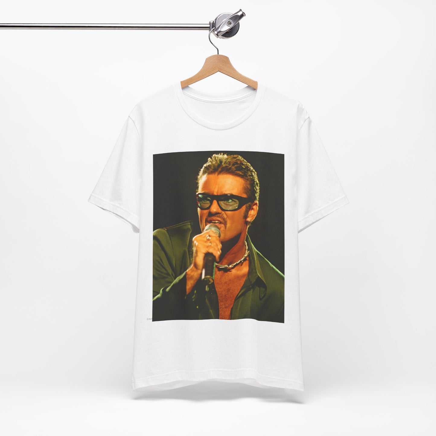 A black graphic t-shirt featuring a graphic related to George Michael's 'Freedom! '90' song.