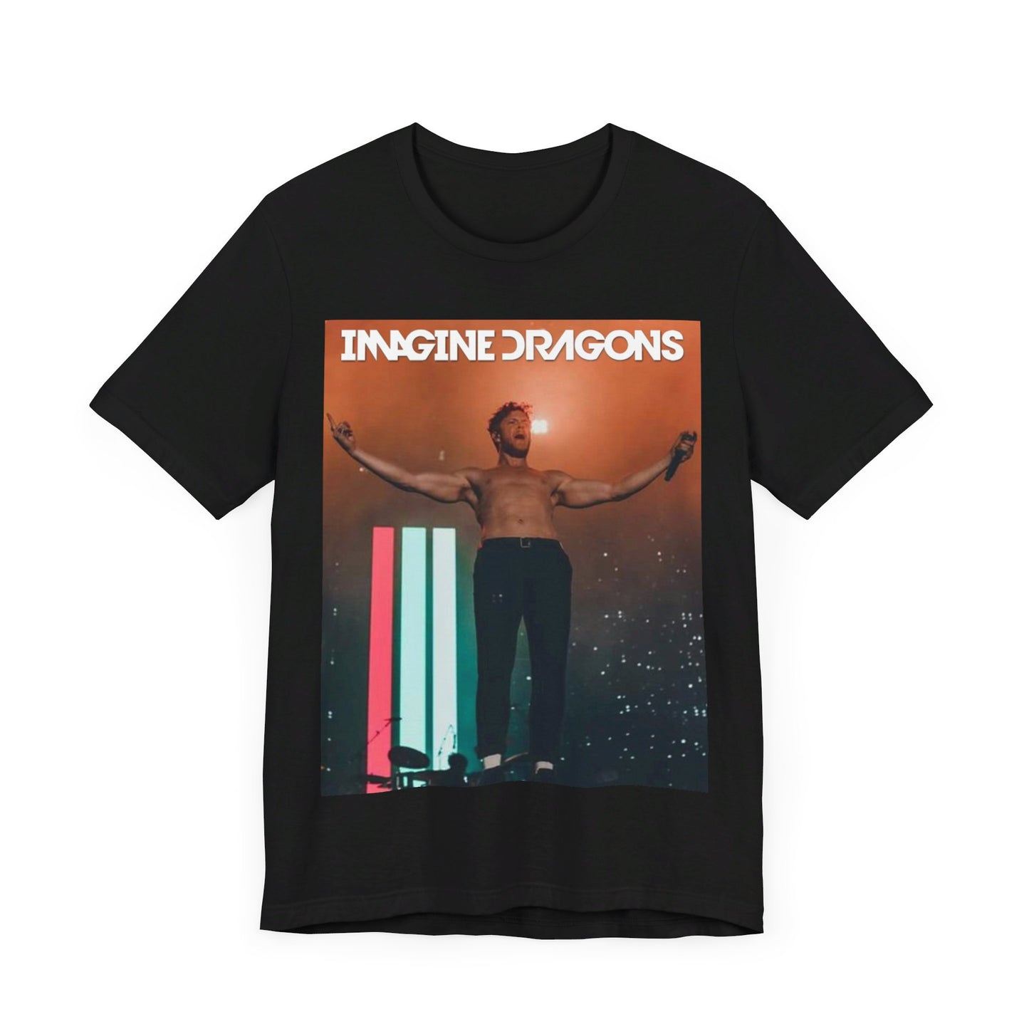 A black graphic t-shirt featuring a bold graphic of Imagine Dragons as arena rockers.