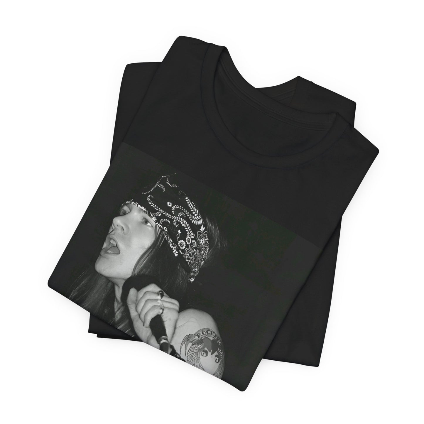 A black graphic t-shirt featuring a black and white portrait photo of the band Guns N' Roses.