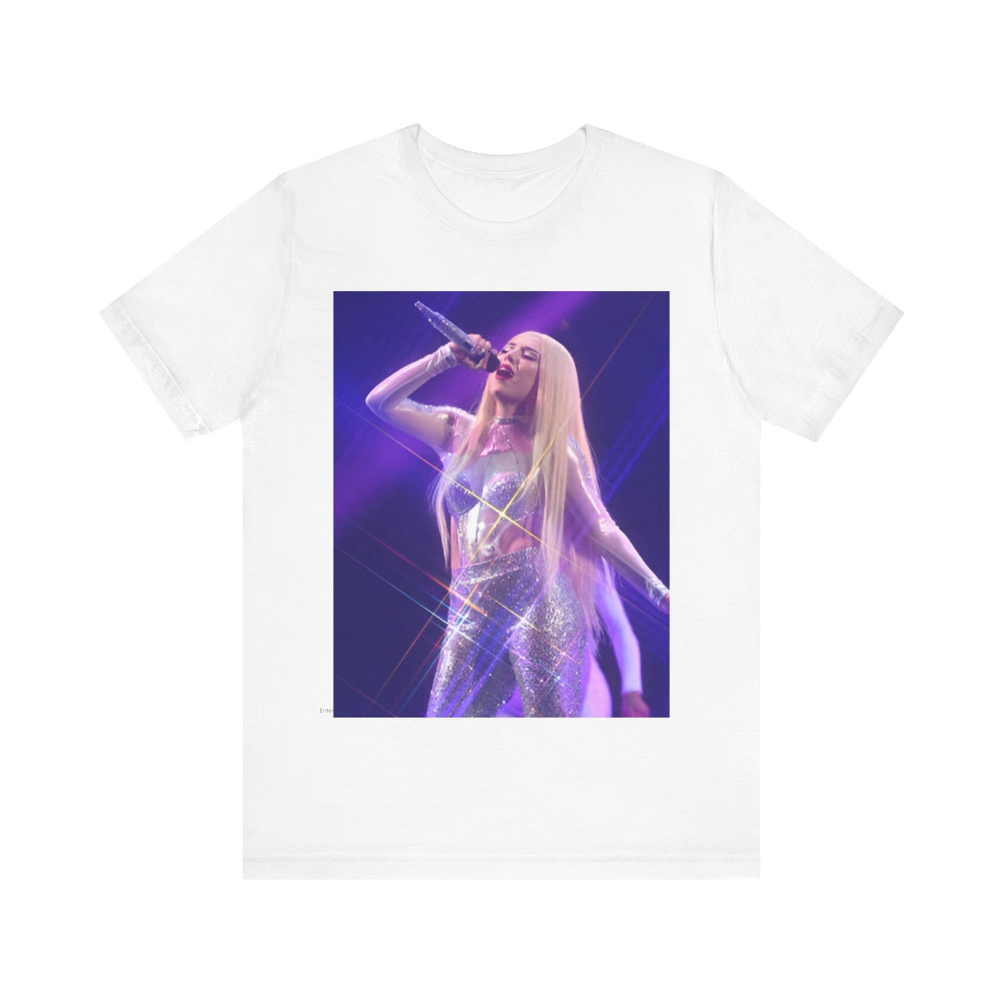 A black graphic t-shirt featuring a photo or illustration of Ava Max performing on stage, with a glittering or sparkling effect.