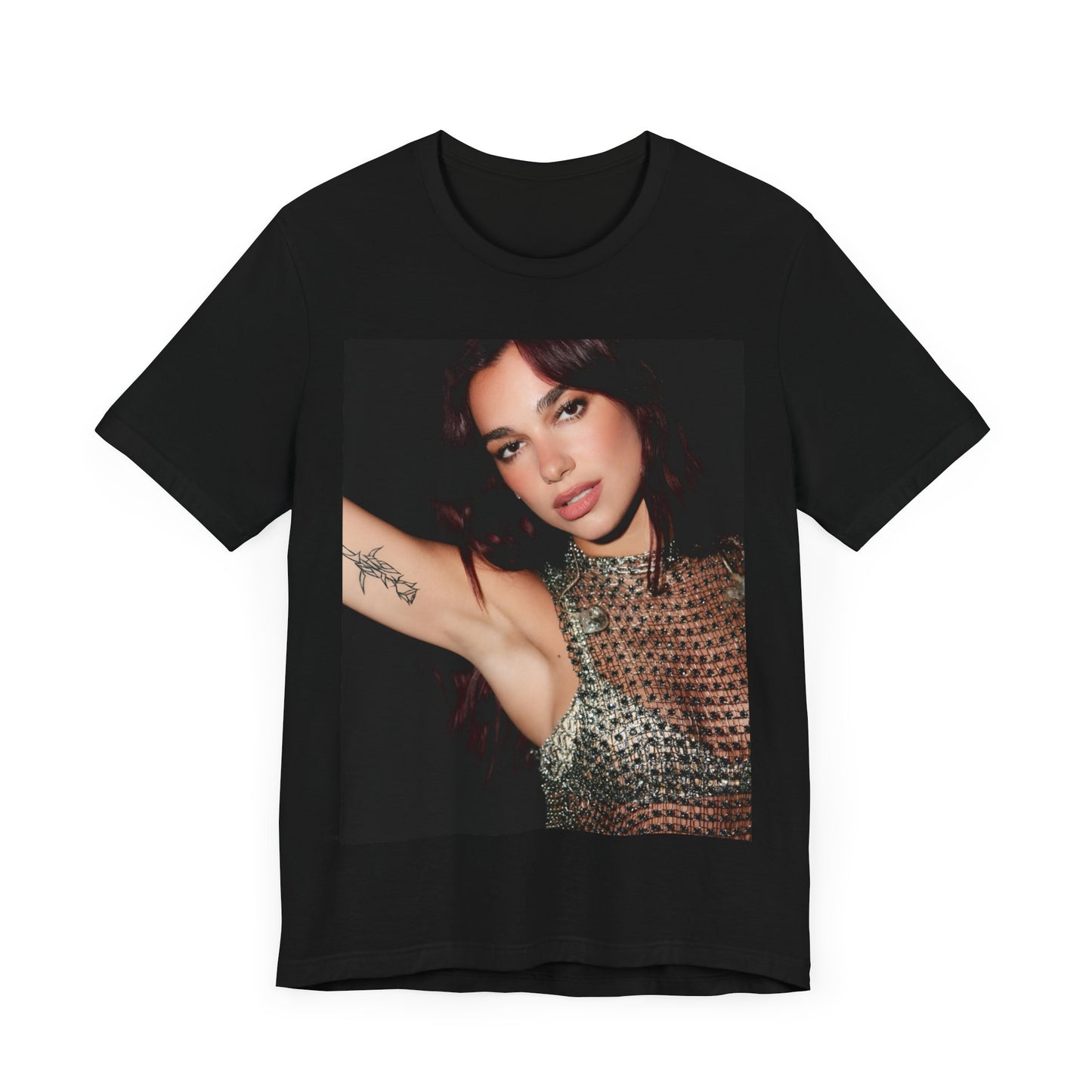 A black graphic t-shirt featuring a retro graphic inspired by Dua Lipa's "Don't Start Now" song.