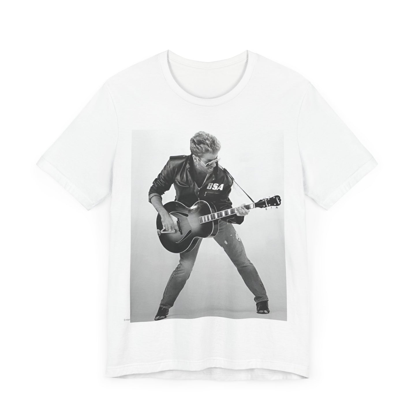 A black graphic t-shirt featuring a graphic of George Michael with a guitar.