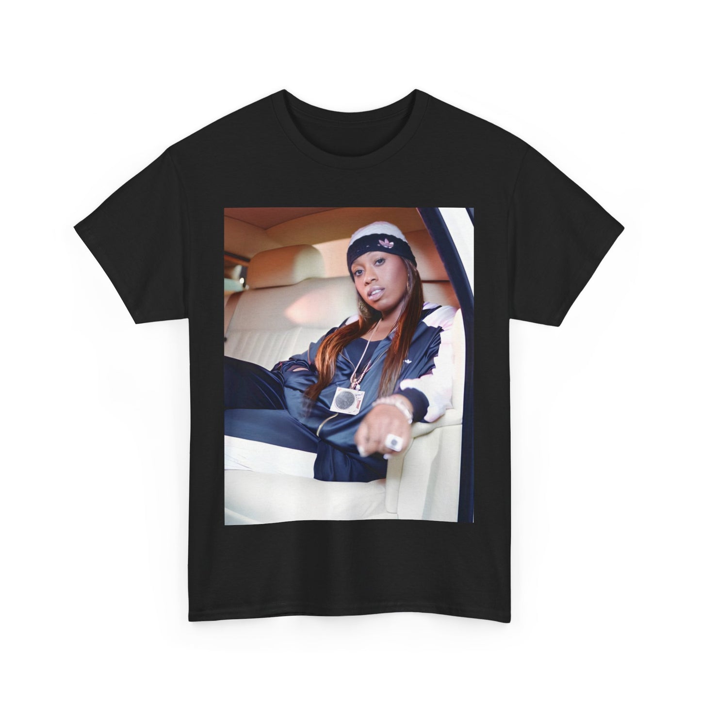 A black graphic t-shirt featuring a casual hip hop fan graphic of Missy Elliott.