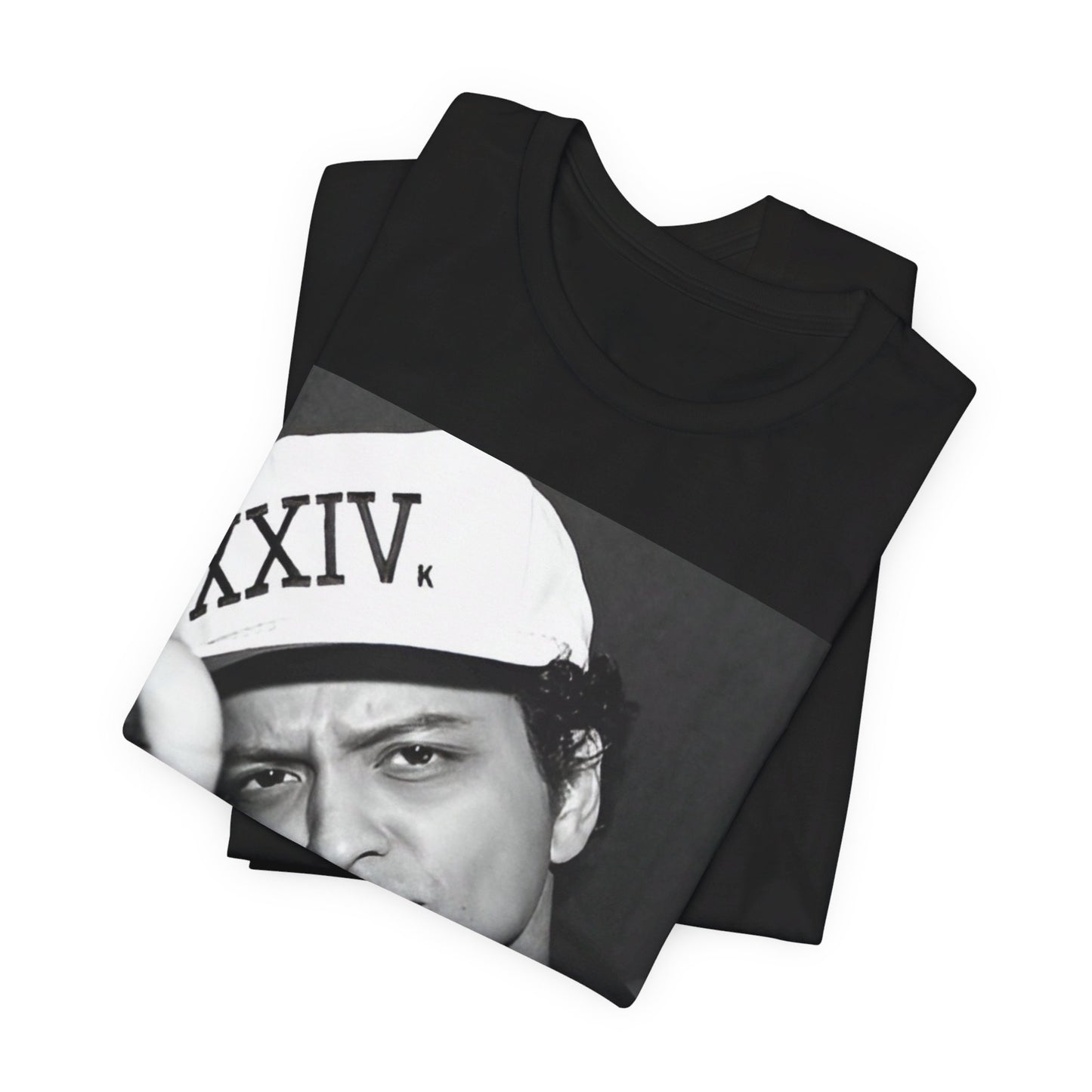 A black graphic t-shirt featuring a black and white photo of Bruno Mars, likely from his '24K Magic' (XXIV) era.