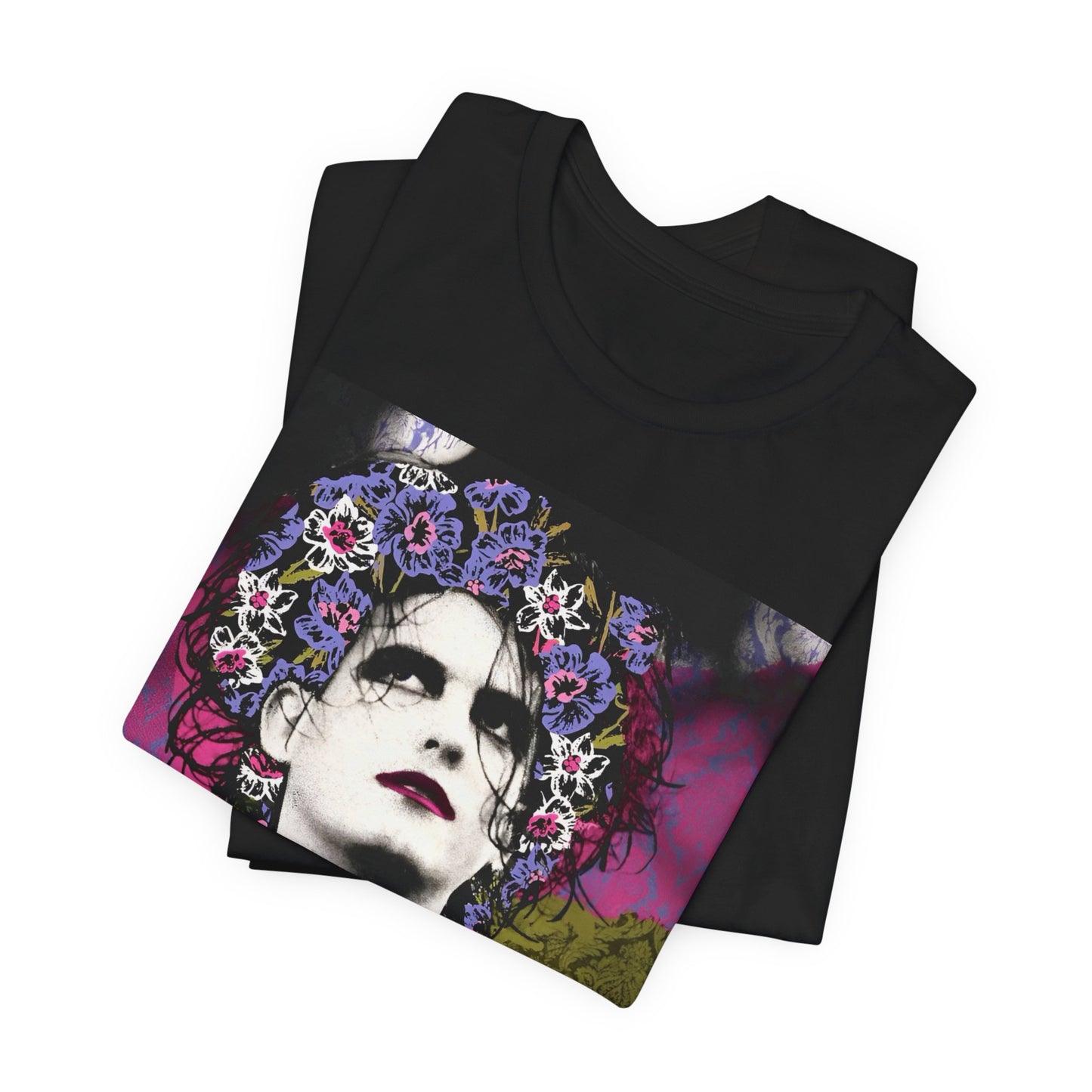 A black graphic t-shirt featuring a retro rock aesthetic pop art graphic of The Cure.