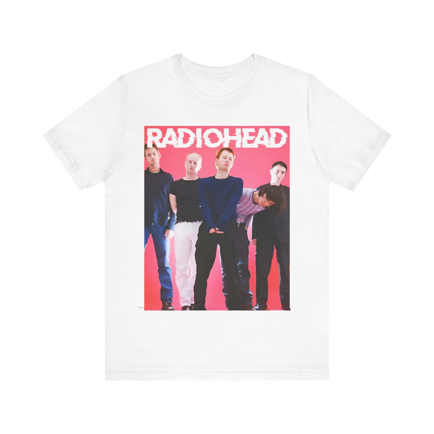 A black graphic t-shirt featuring a 90s alternative aesthetic graphic of Radiohead.
